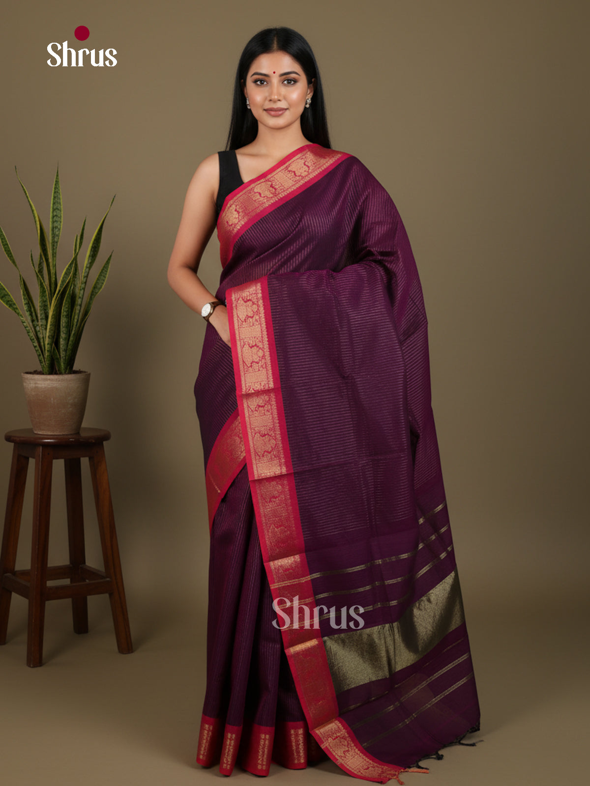 Timeless Wine Chettinad Cotton Saree With Golden Stripes & Pink Zari Border