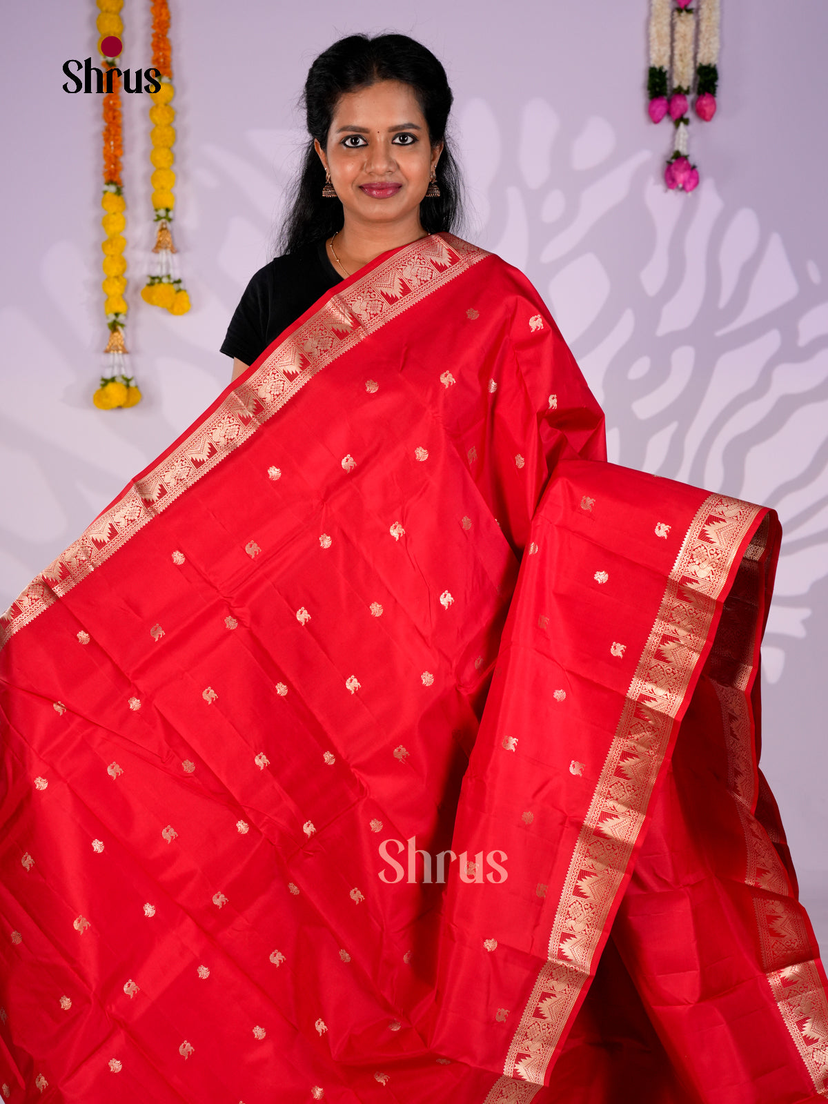 Buy Majestic Tomato Red Kanchipuram Silk Sarees With Small Buttas, Traditional Zari Border & Pallu