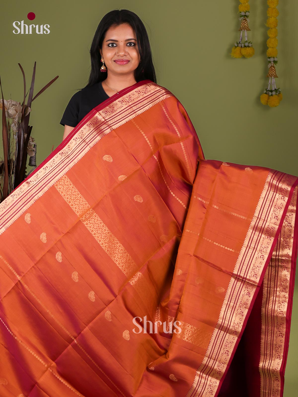Traditional Burnt Orange Pure Soft Silk Sarees With Gold Buttas, Woven Stripes, Deep Pink Border & Brocade Pallu