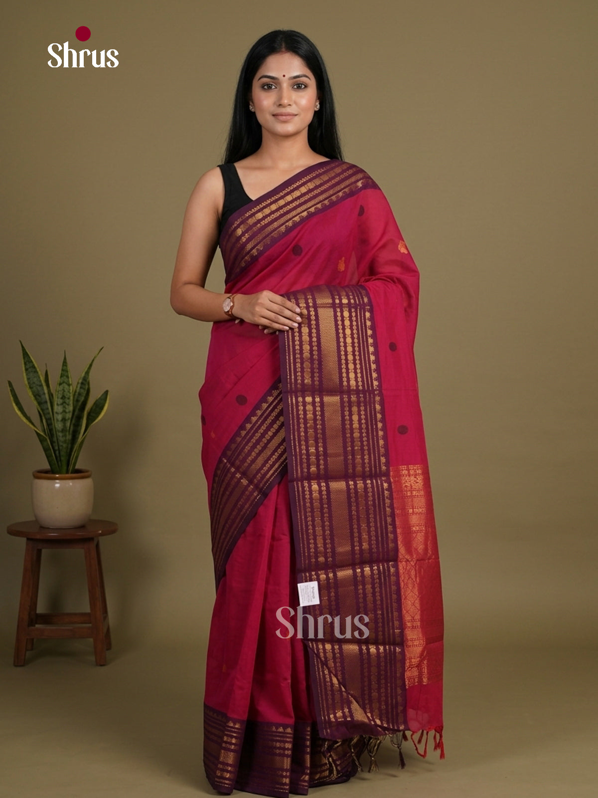 Traditional Pink Chettinad Cotton Saree With Thread Checks & Purple Zari Border