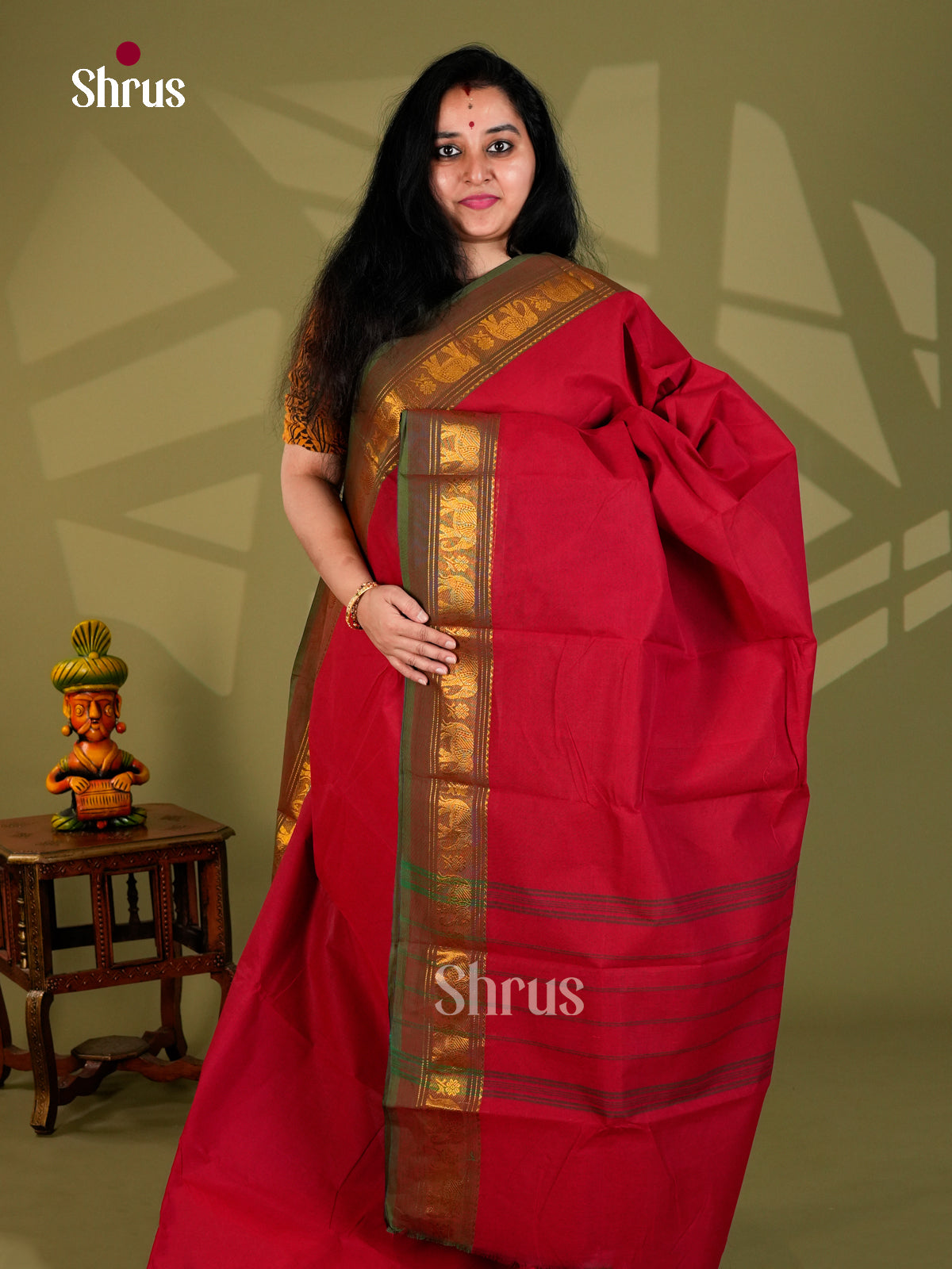 Traditional Red Chettinad Cotton Saree With Mustard Elephant Zari Woven Border