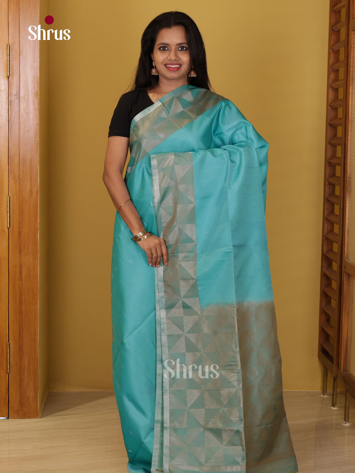 Buy Pretty Turquoise Soft Silk Saree With Dashed Buttas, Grey Border & Pallu With Geometric Prism Pattern
