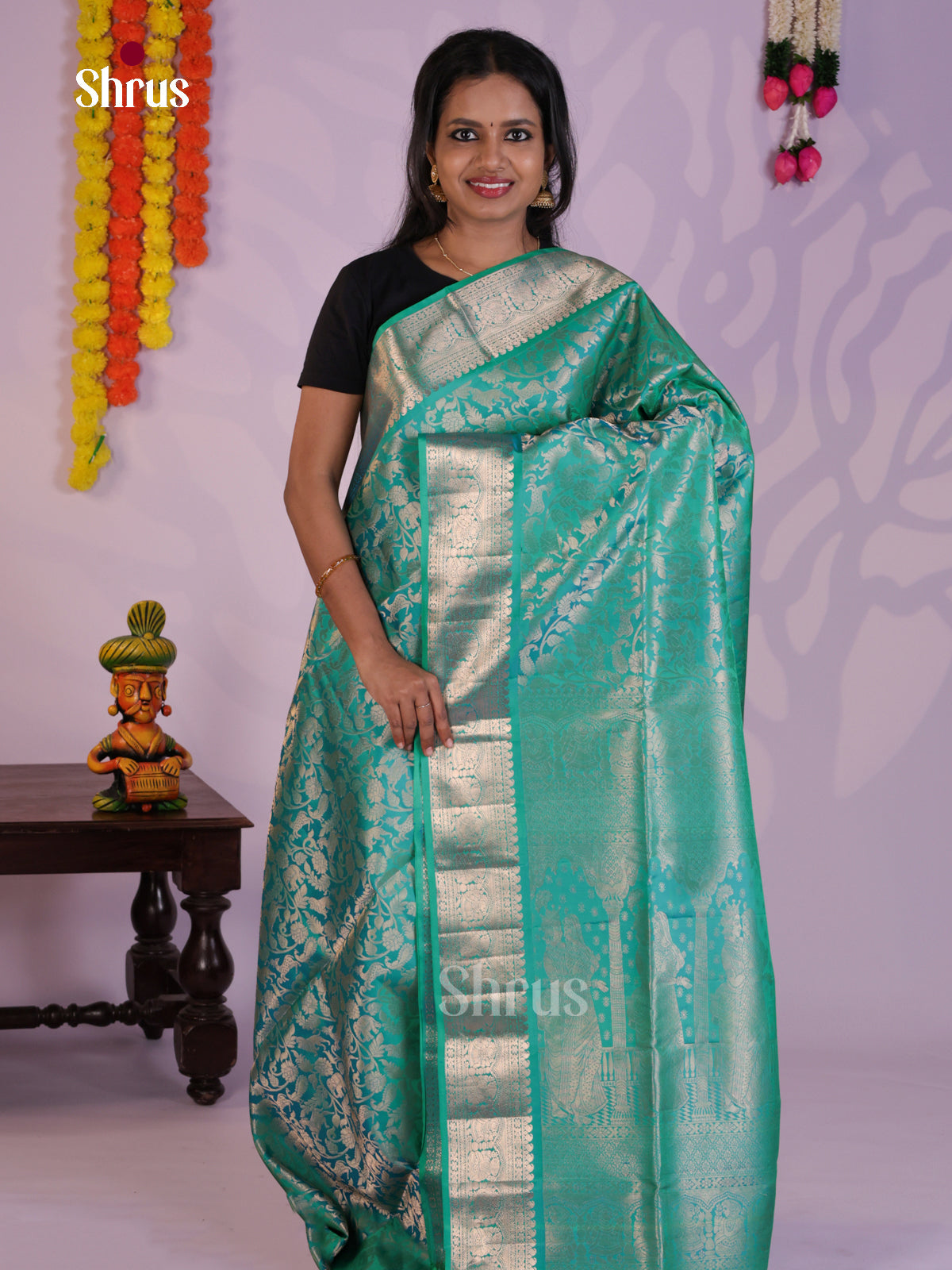 Buy Shimmery Turquoise Soft Silk Saree with Vanashingaram Floral Brocade & Rich Pallu