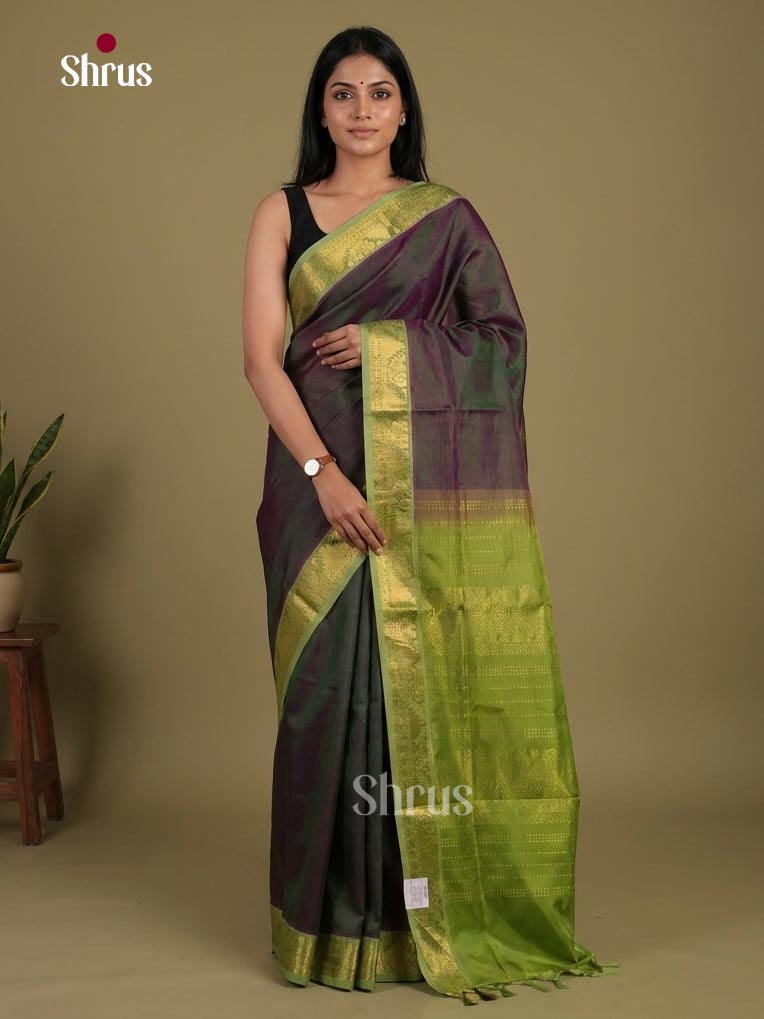 Unique Dual Tone Plum Cotton Silk Saree with Plain Body, Lime Green Zari Border & Traditional Chit Pallu