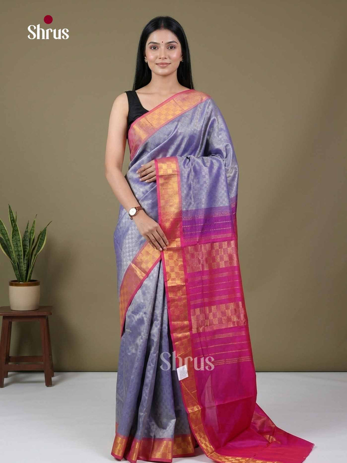 Unique Lavender Cotton Silk Saree With Self Woven Geometric Checks Brocade & Pink Traditional Pallu