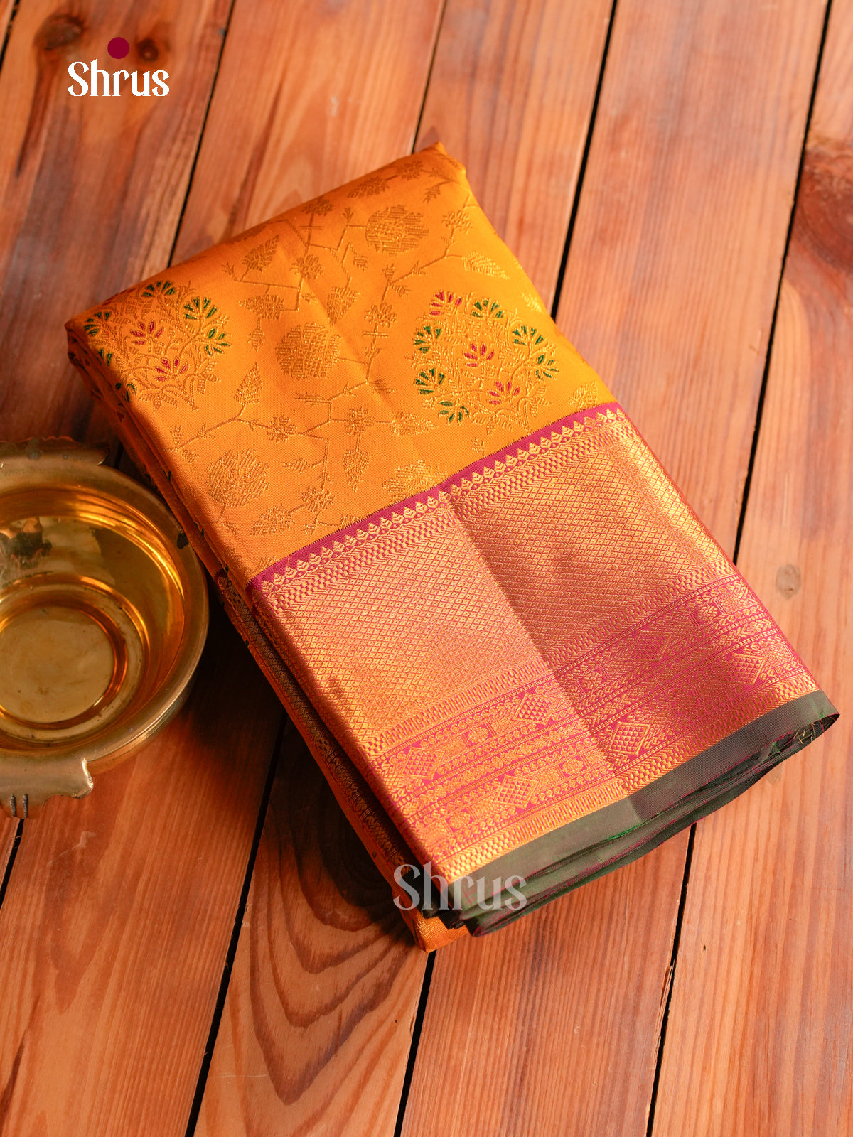 Unique Mango Yellow Kanchipuram Saree With Gold Vines, Floral Roundels & Magenta Diamond Lattice Border