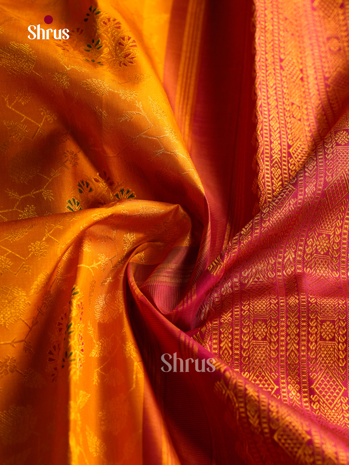Unique Mango Yellow Pattu Saree With Gold Vines, Floral Roundels & Magenta Diamond Lattice Border