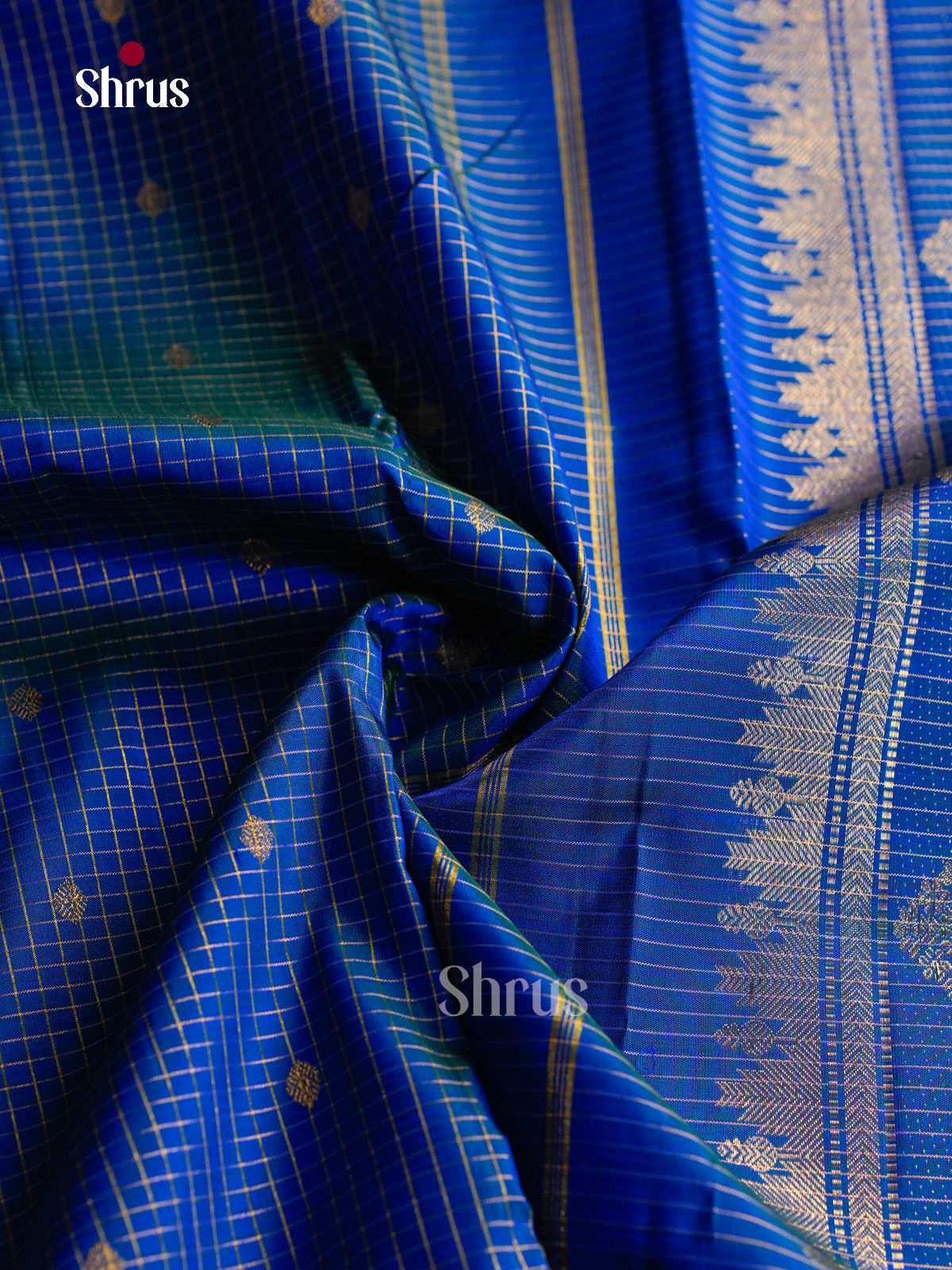 Unique Royal Blue Pattu Saree With Gold Checks, Buttas & Self Border With Paisley Style Motifs