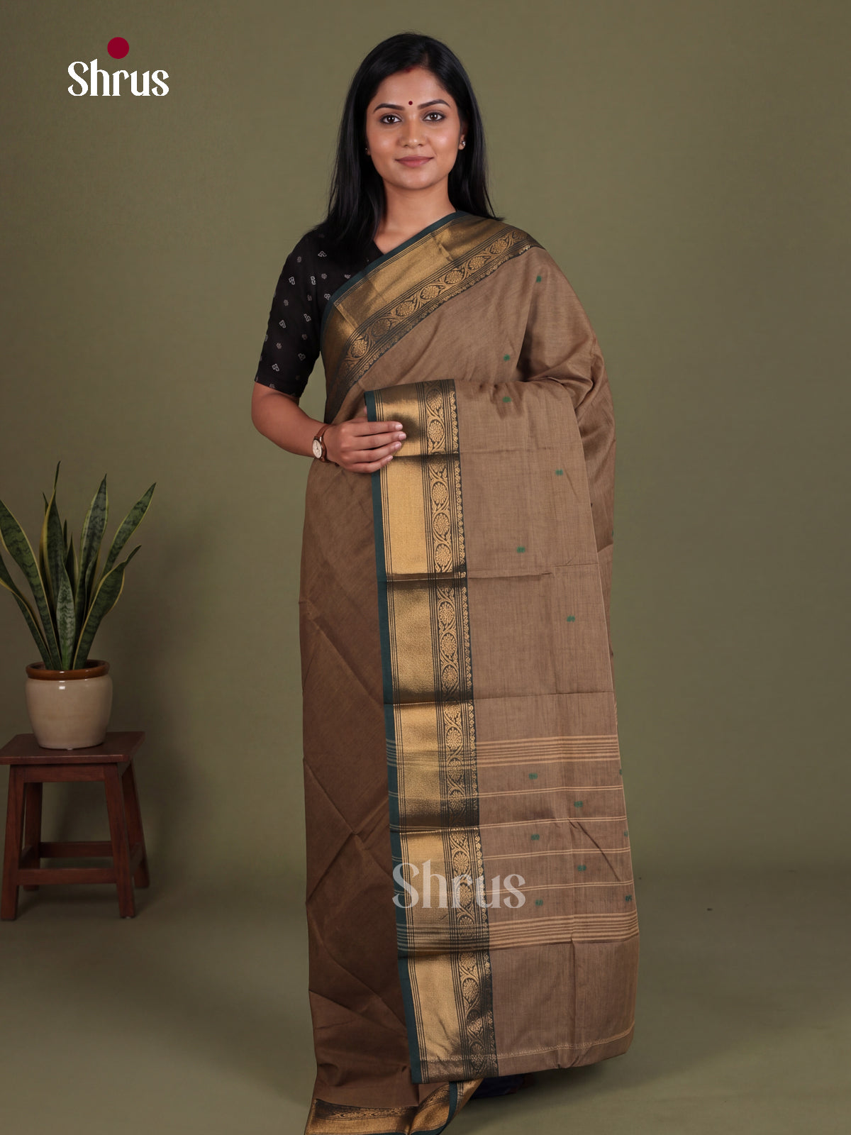 Unique Taupe Chettinad Cotton Saree With Thread Buttas, Teal Zari Border & Striped Pallu