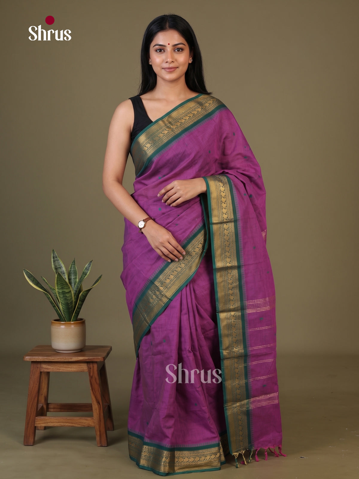 Unique Vadamalli Chettinad Cotton Saree With Thread Buttas & Teal Green Zari Border