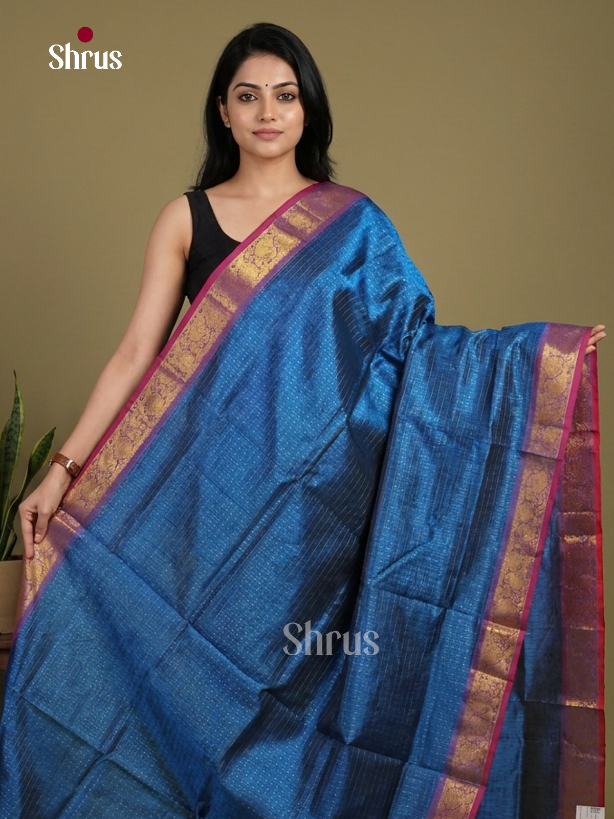 Vibrant Blue Silk Cotton Saree with Golden Checks & Contrast Peacock Woven Zari Border 1