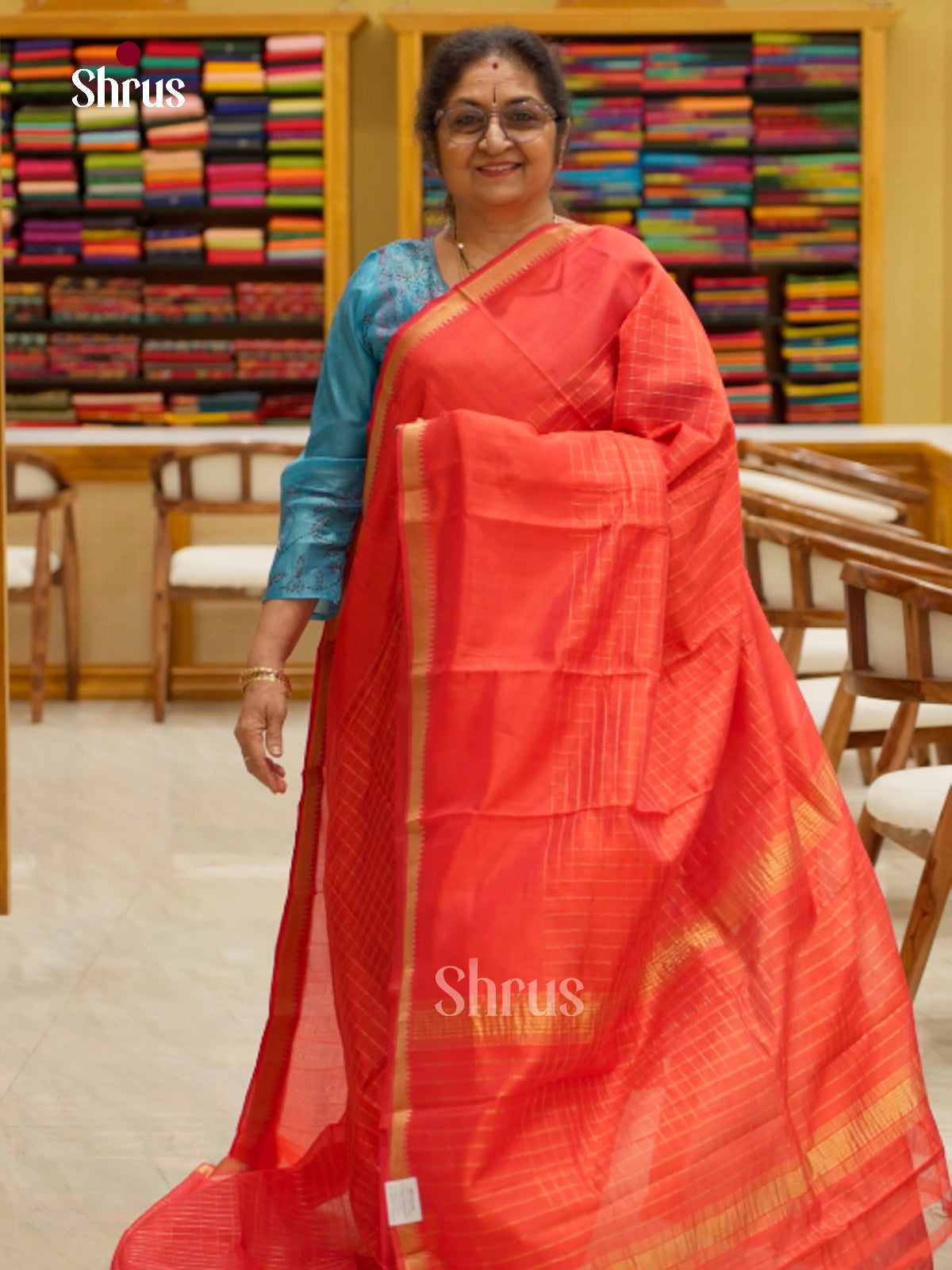 Vibrant Coral Red Mangalagiri Silk Cotton Saree With Gold Checks, Self Zari Border & Pallu