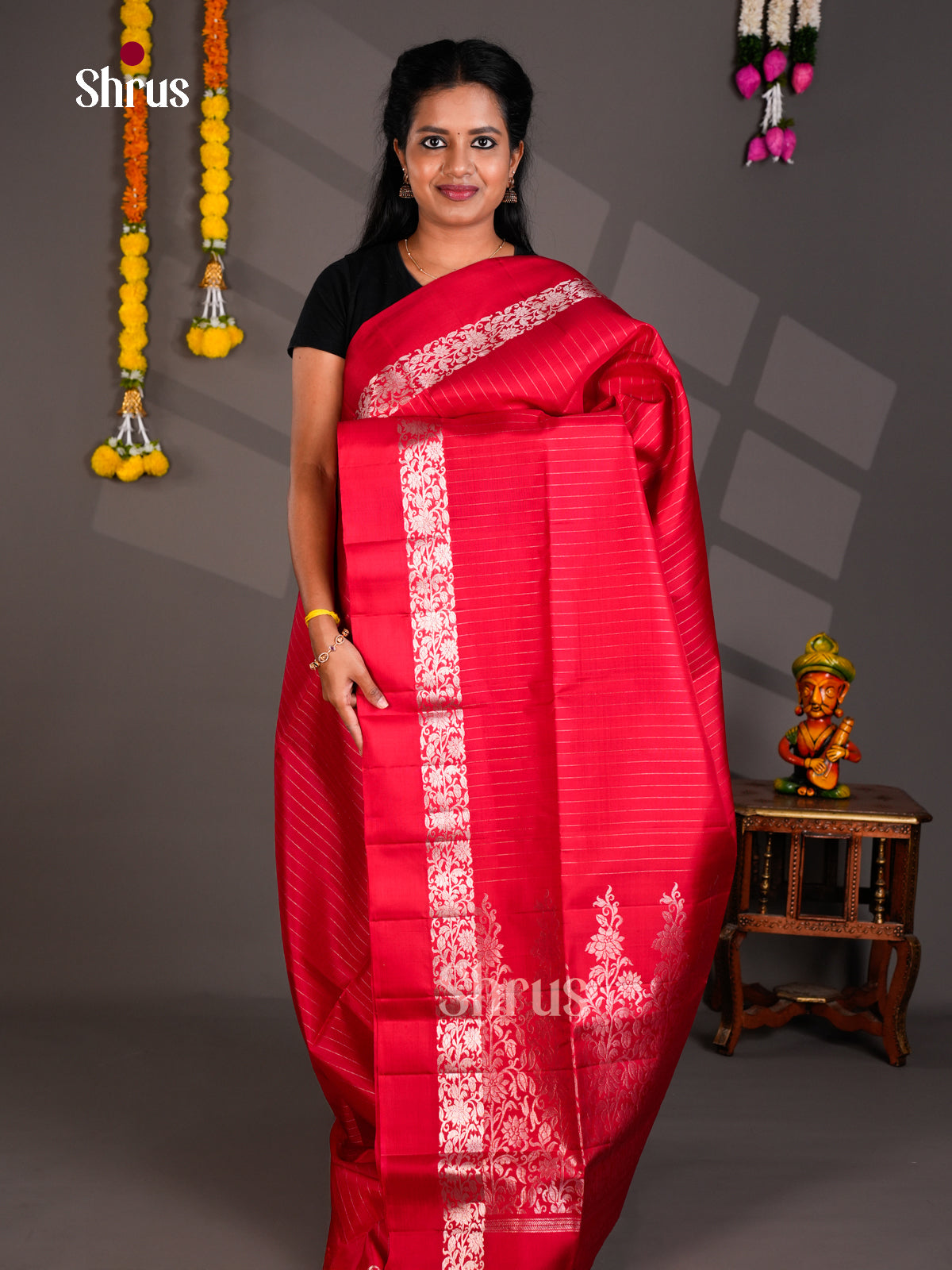 Buy Vibrant Crimson Red Pure Soft Silk Saree with Silver Stripes & Zari Woven Floral Border & Pallu