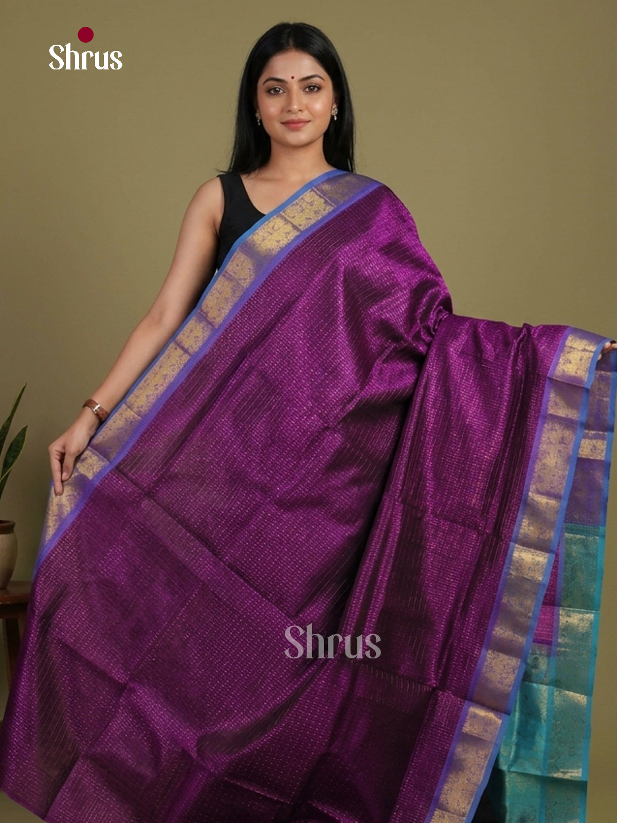 Vibrant Deep Purple Silk Cotton Saree With Intricate Checks, Buttas & Sky Blue Zari Border 1