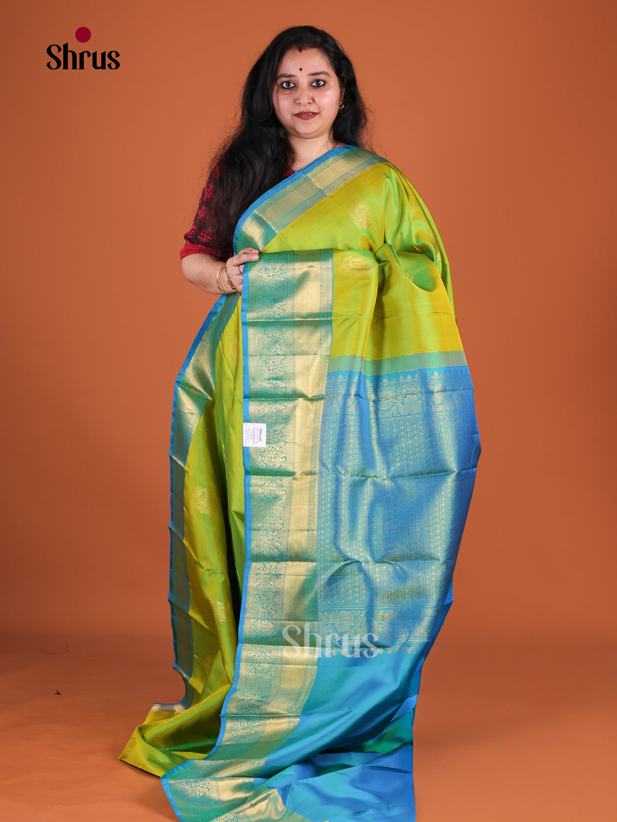 Vibrant Lime Green Kanchipuram Saree With Gold Zari Motifs | Sky Blue Zari Border & Brocade Pallu
