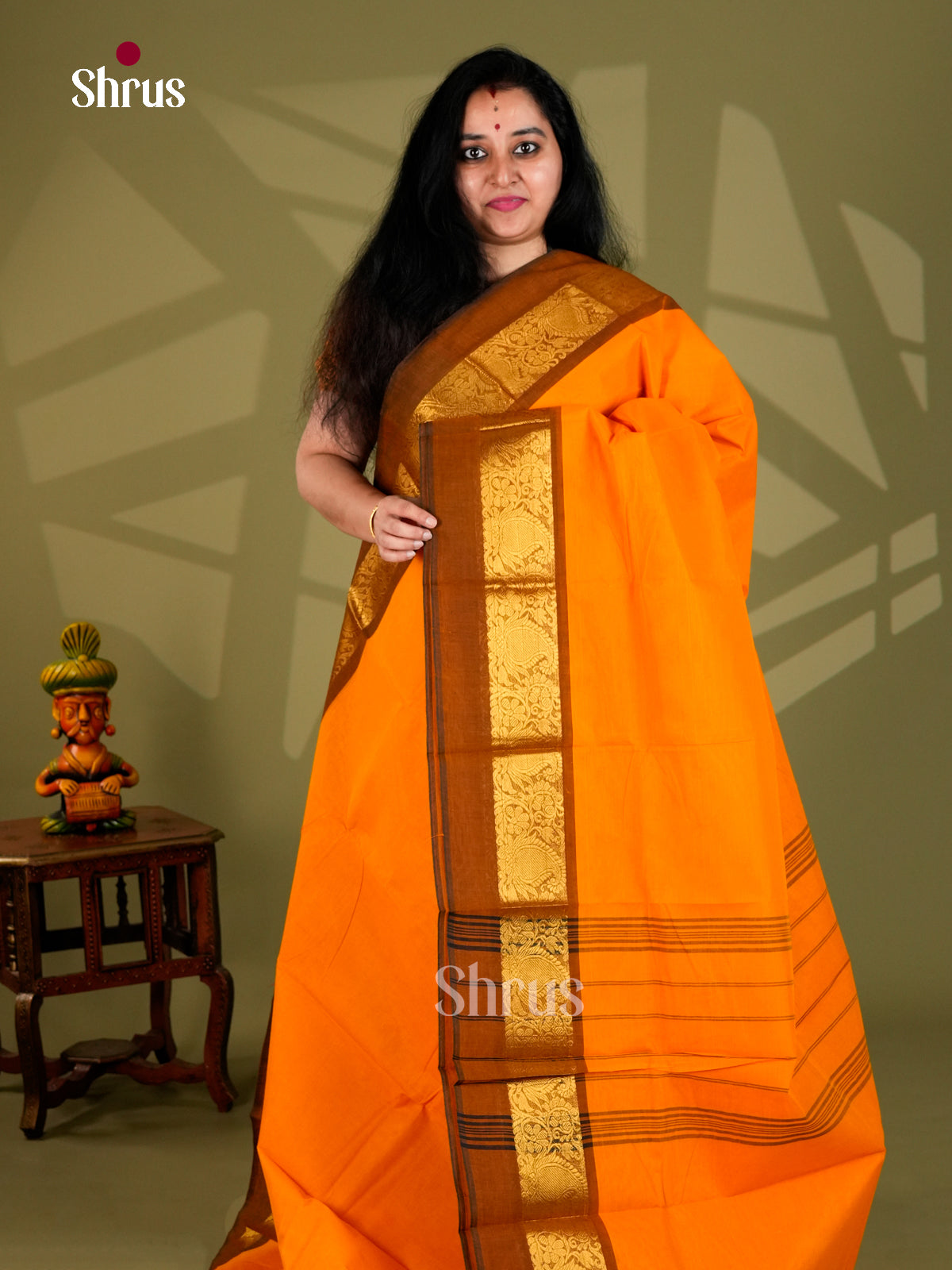 Vibrant Orange Chettinad Cotton Saree With Brown Paisley Inspired Zari Border
