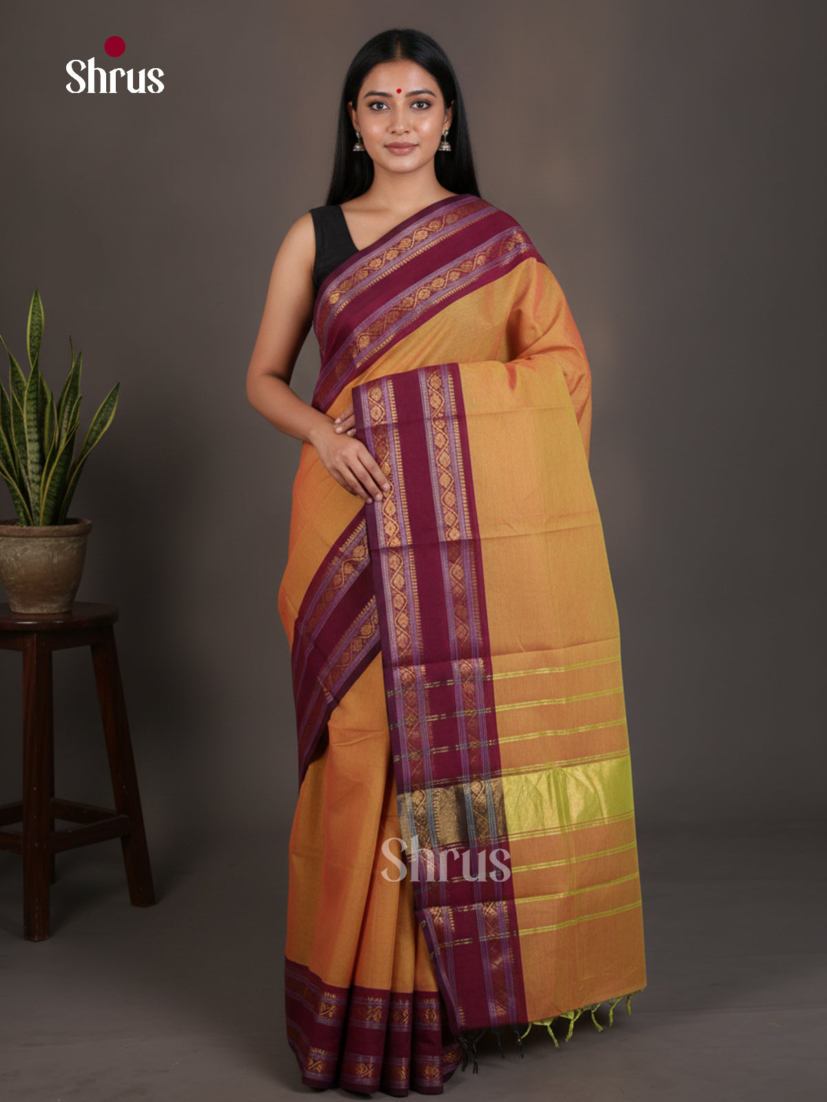 Vibrant Orange Chettinad Cotton Saree With Plain Body & Maroon Rettapet Zari Border