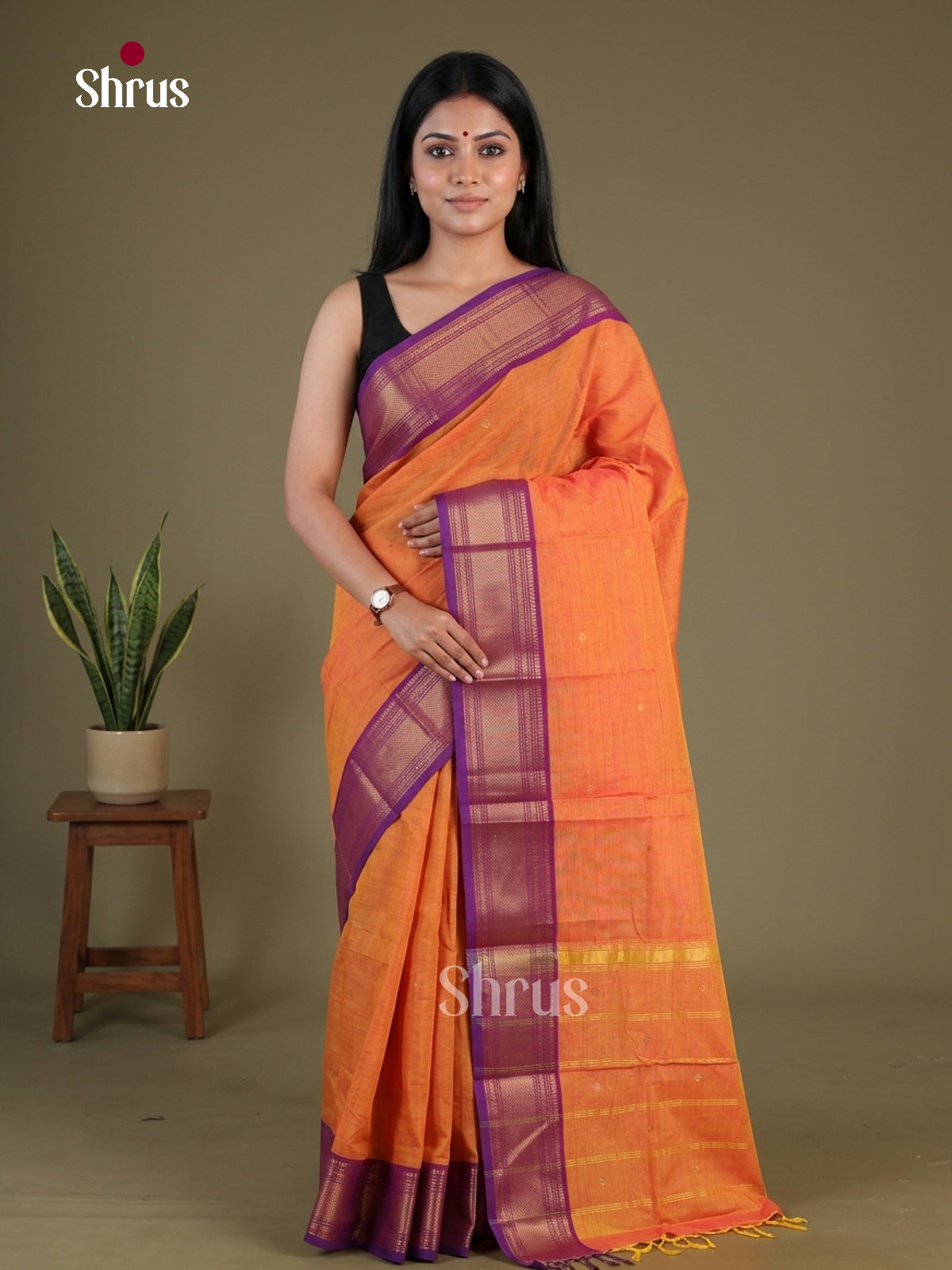 Vibrant Orange Chettinad Cotton Saree With Small Buttas & Purple Zari Woven Border