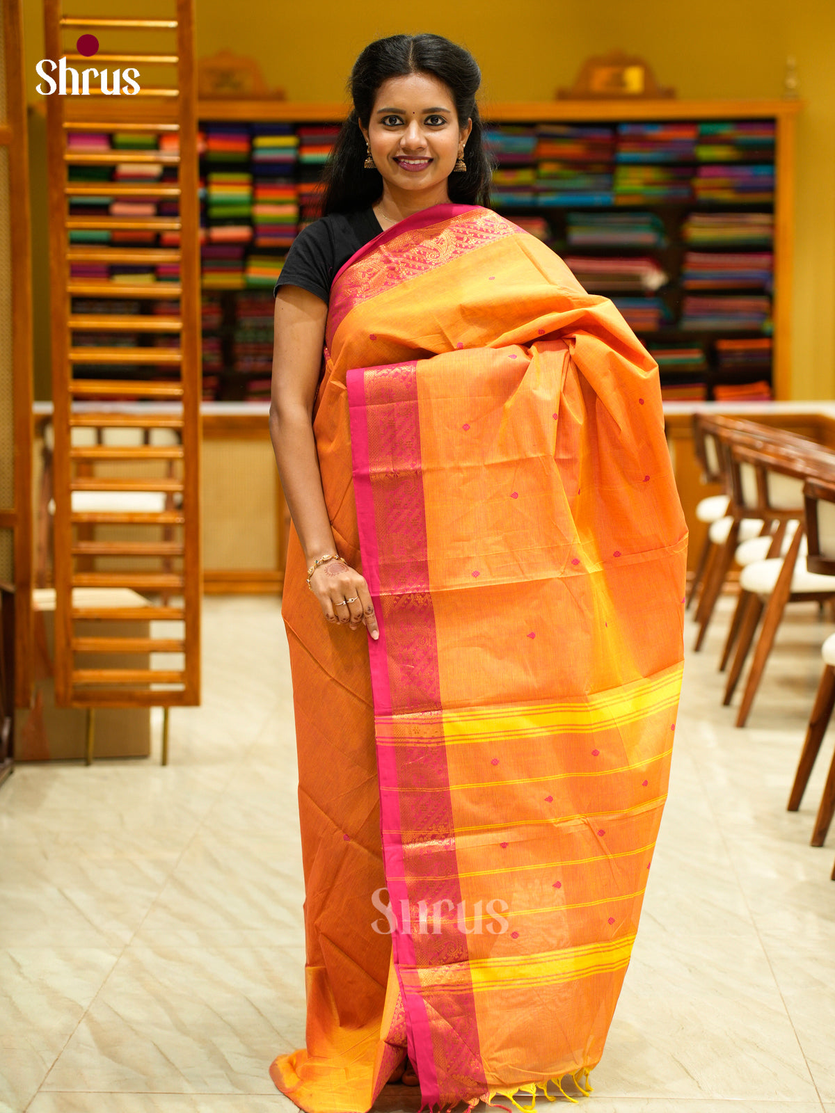 Vibrant Orange Chettinad Cotton Saree With Thread Buttas & Pink Zari Border