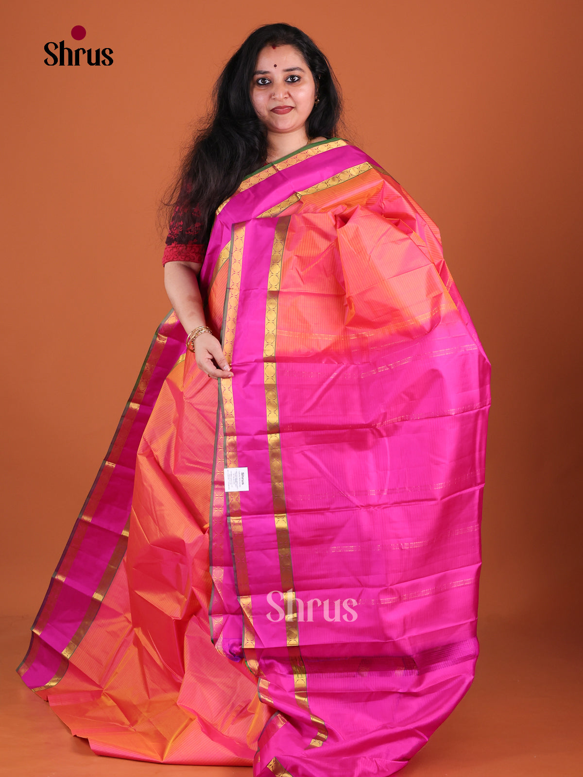 Vibrant Peach Kanchipuram Silk Saree With Self Stripes | Rose Pink Rettapet Zari Border & Traditional Pallu