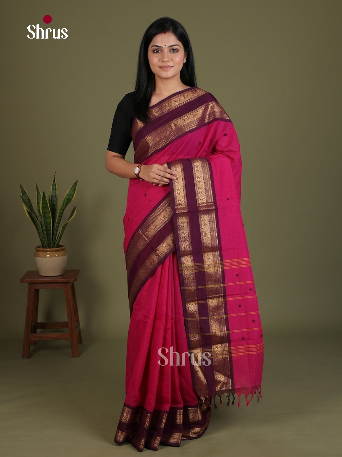 Vibrant Pink Chettinad Cotton Saree With Thread Buttas & Purple Rettapet Zari Border