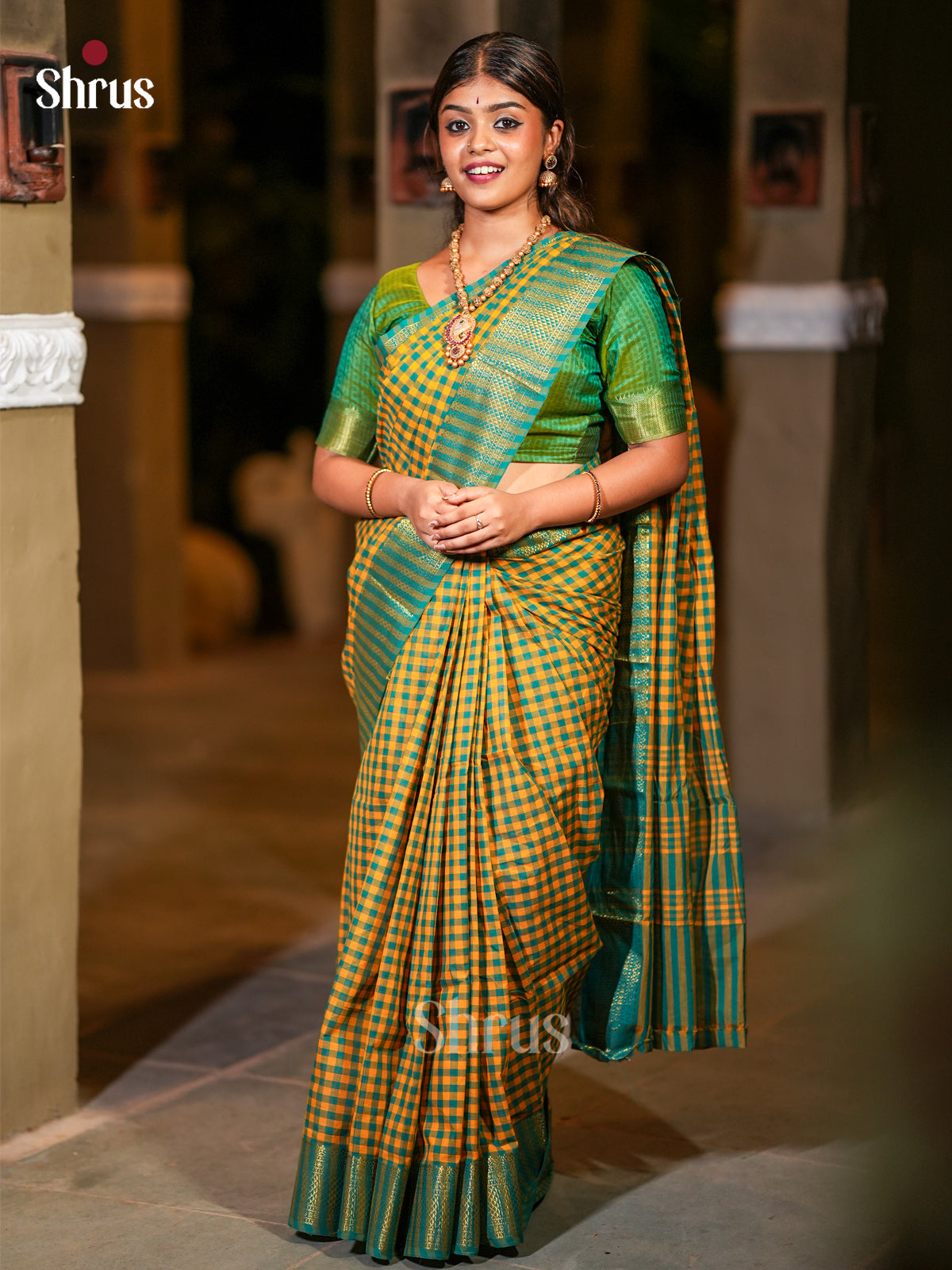 Vibrant Yellow & Green Checked Chettinad Cotton Saree With Zari Woven Border