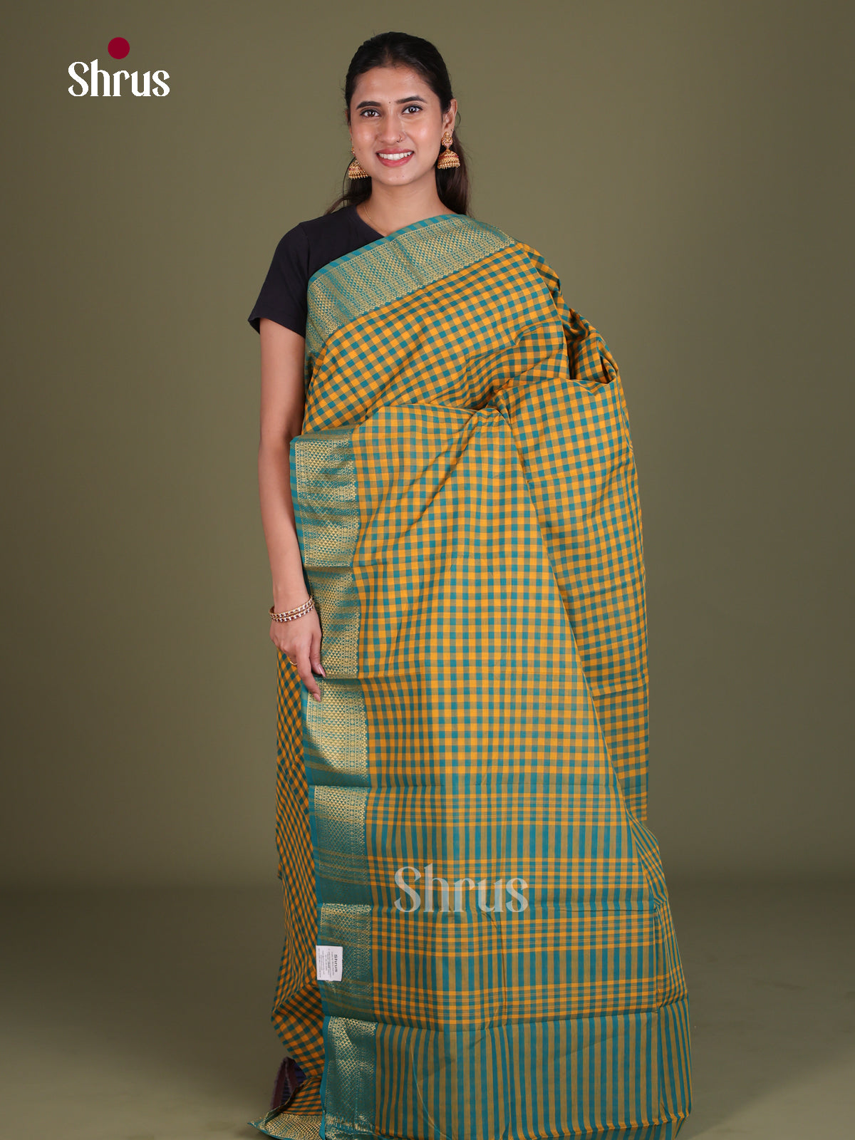 Vibrant Yellow & Green Checked Chettinad Cotton Sarees With Zari Woven Border