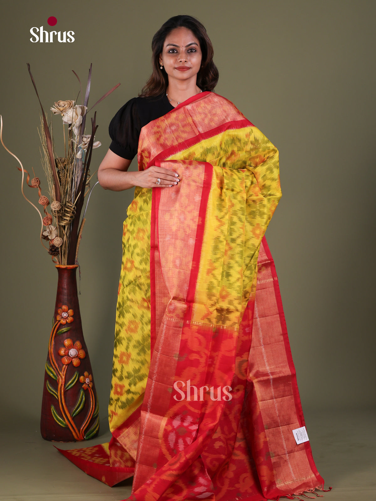 Vibrant Yellow Pochampally Silk Cotton Saree With Geometric Ikat Prints & Red Floral Border