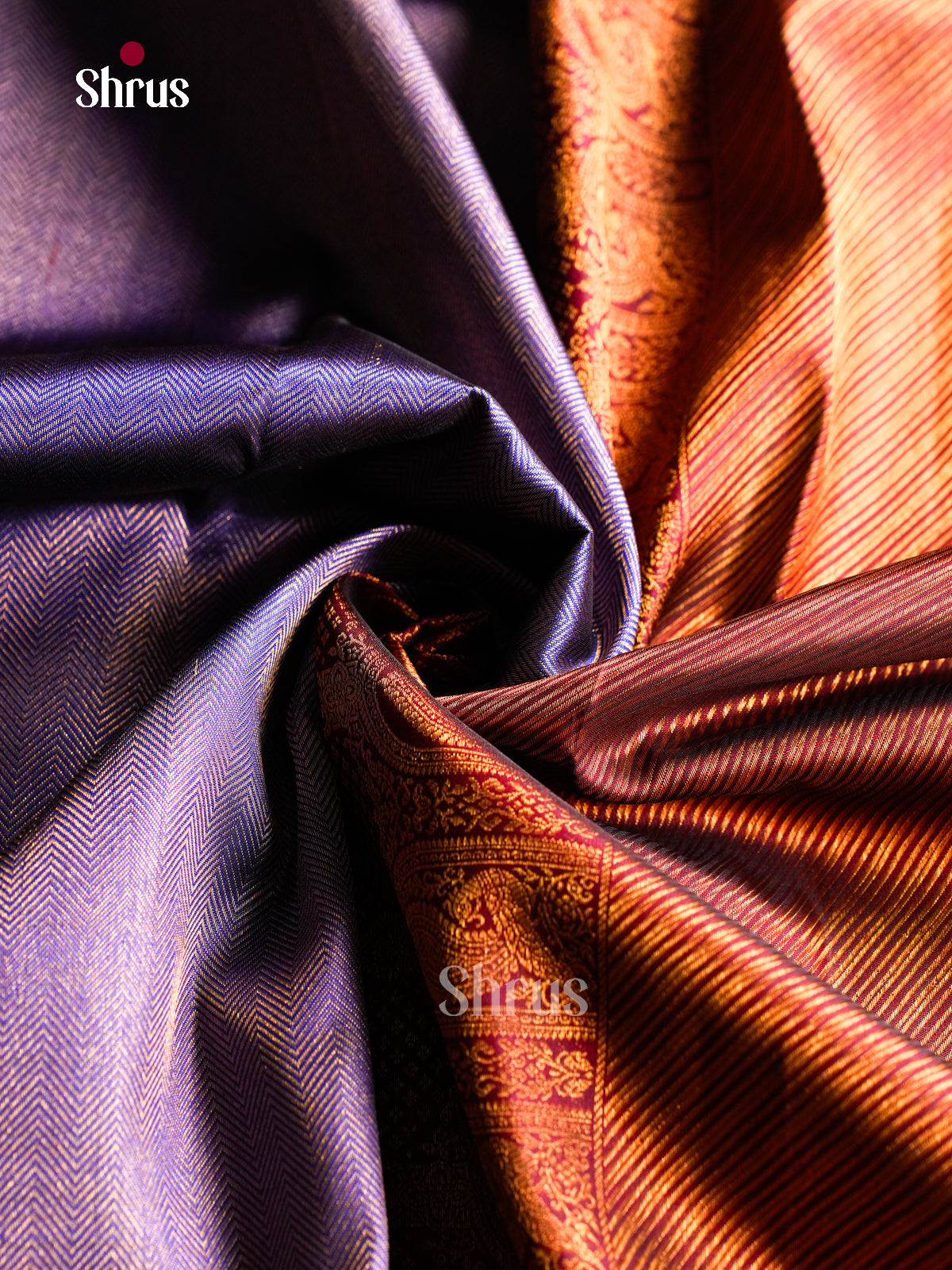 Violet Kanchipuram Saree With Fine Chevron Weave | Maroon Red Border With Arches, Vines & Peacocks