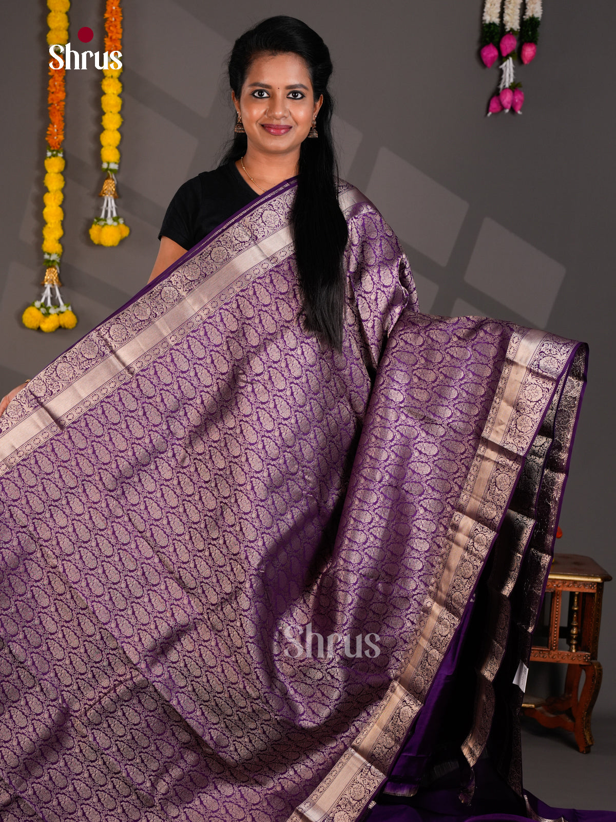 Buy Majestic Violet Kanchipuram Saree With Zari Woven Motifs Brocade & Rich Border