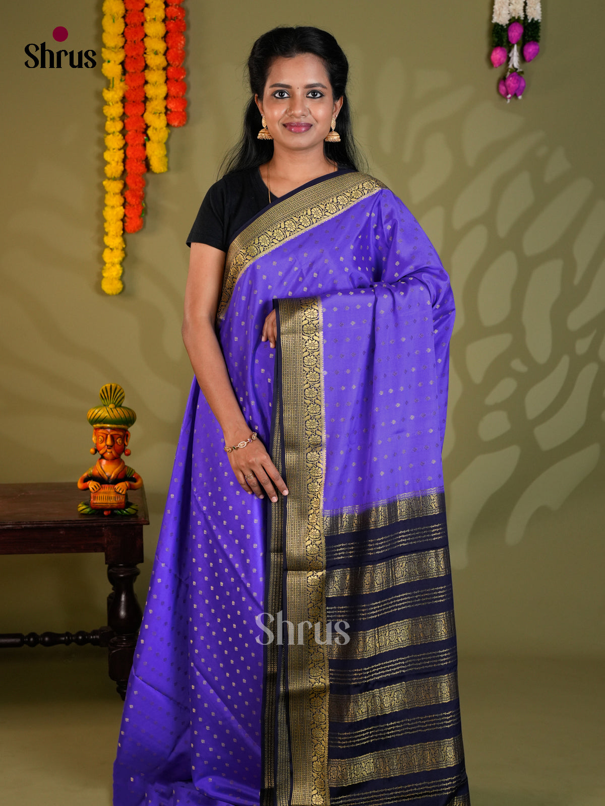 Buy Elegant Violet Mysore Silk Saree with Golden Zari Buttas, Navy Blue Border & Traditional Pallu