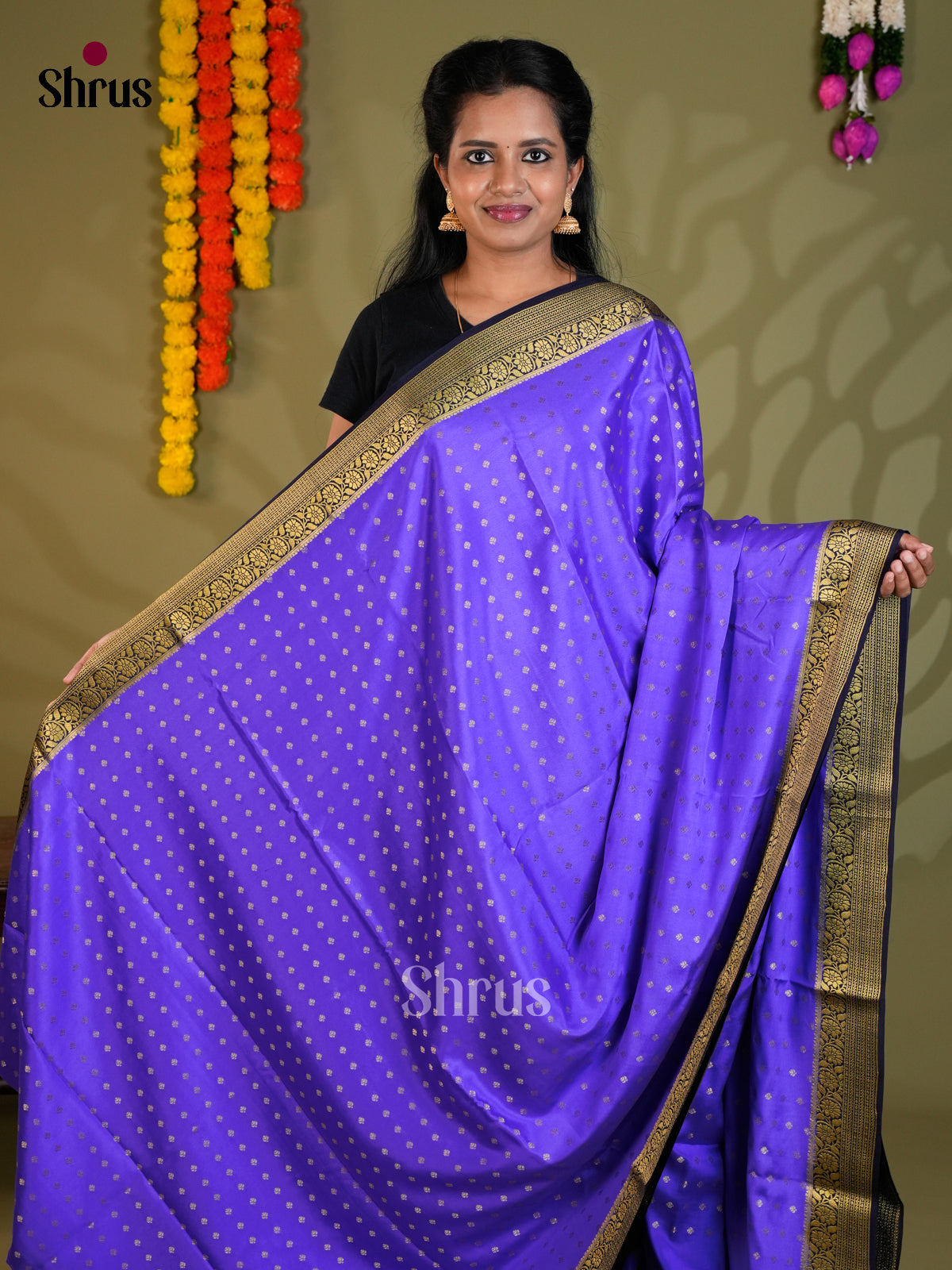 Buy Elegant Violet Mysore Silk Sarees with Golden Zari Buttas, Navy Blue Border & Traditional Pallu