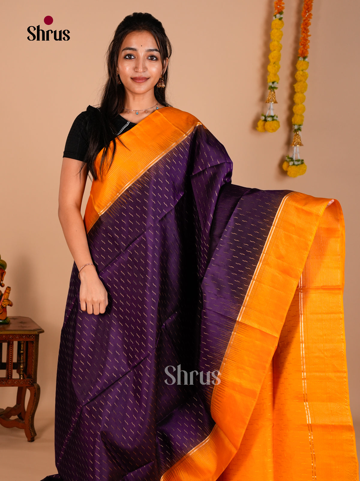 Buy Traditional Violet Pure Soft Silk Saree with Dashed Lines Buttas & Mustard Zari Brocade Pallu