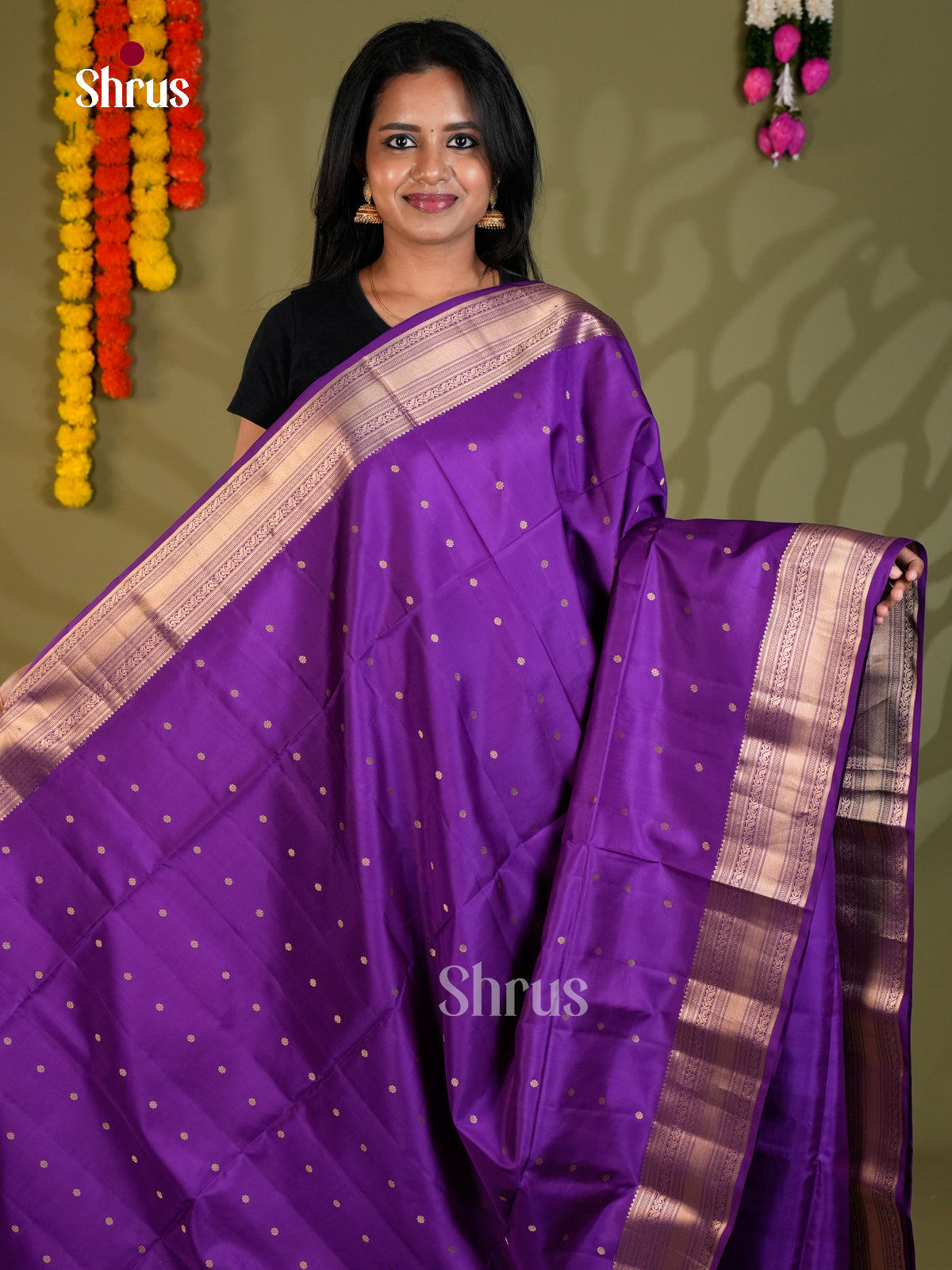 Buy Pretty Violet Pure Soft Silk Saree with Golden Buttas, Zari Border & Brocade Pallu