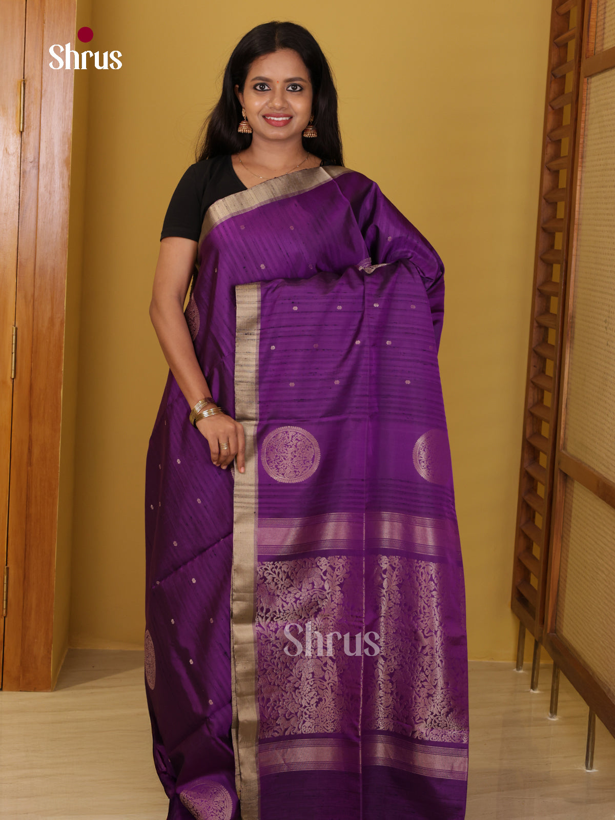 Buy Majestic Violet Soft Silk Saree With Golden Circular Motifs, Zari Woven Border & Brocade Pallu 