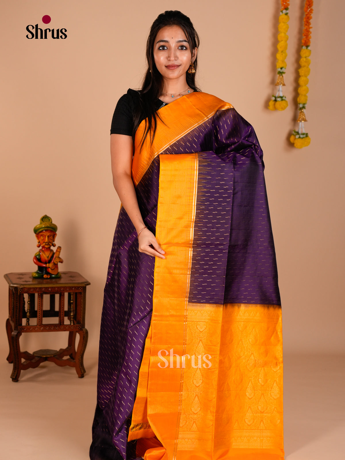 Buy Traditional Violet Soft Silk Saree with Dashed Lines Buttas & Mustard Zari Brocade Pallu