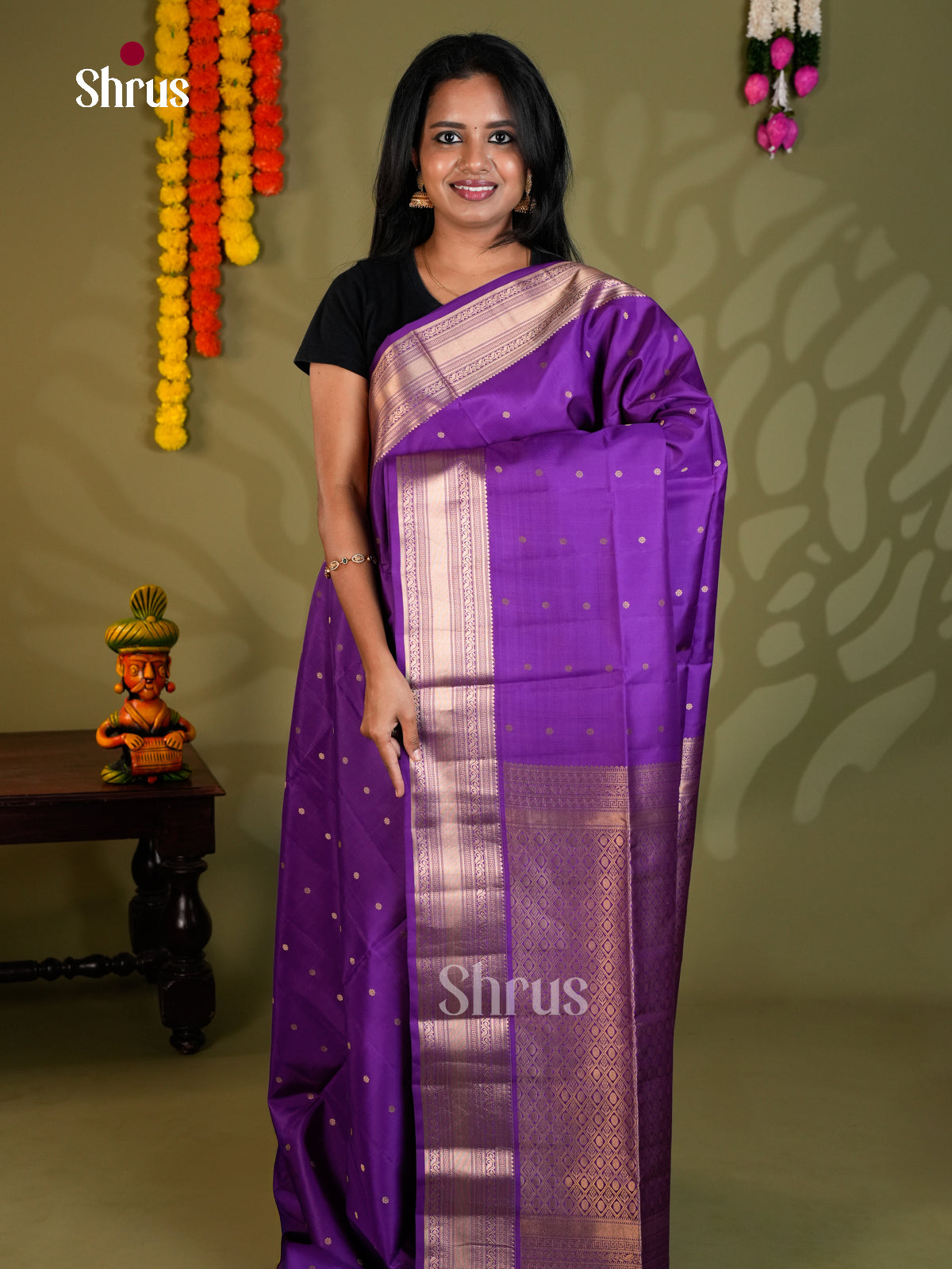 Buy Pretty Violet Soft Silk Saree with Golden Buttas, Zari Border & Brocade Pallu