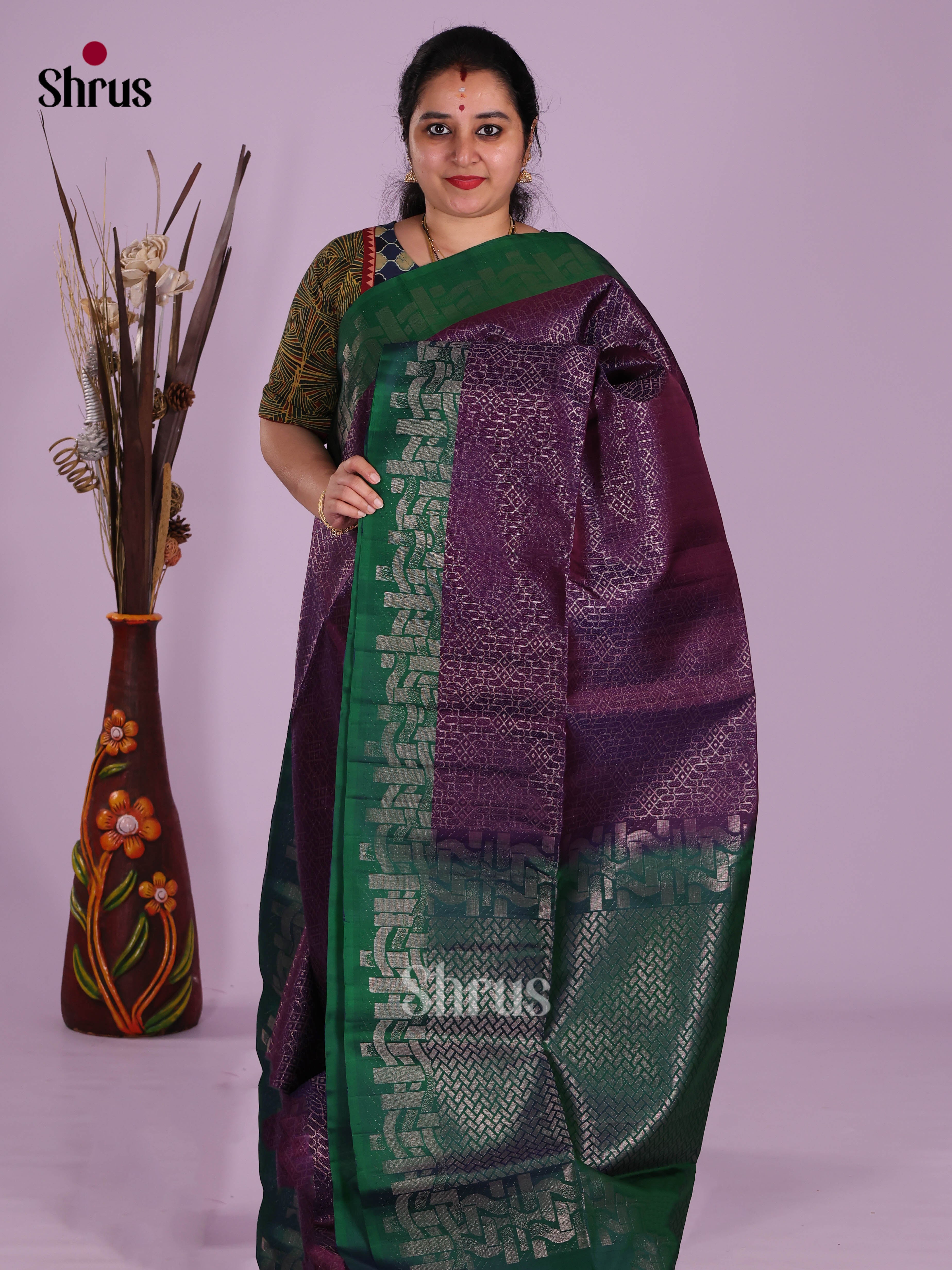 Buy Exquisite Violet Soft Silk Saree with Silver Zari Brocade, Green Floral Border & Pallu