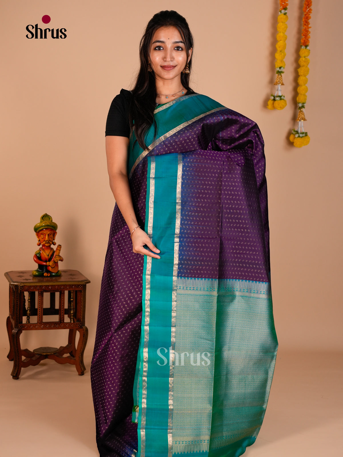 Buy Artistic Violet Soft Silk Saree with Small Buttas, Teal Rettaipet Border & Brocade Pallu