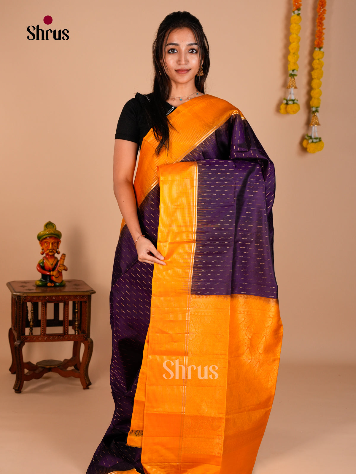 Buy Exquisite Violet Soft Silk Saree with Stripes Butta, Mustard Striped Border & Zari Brocade Pallu