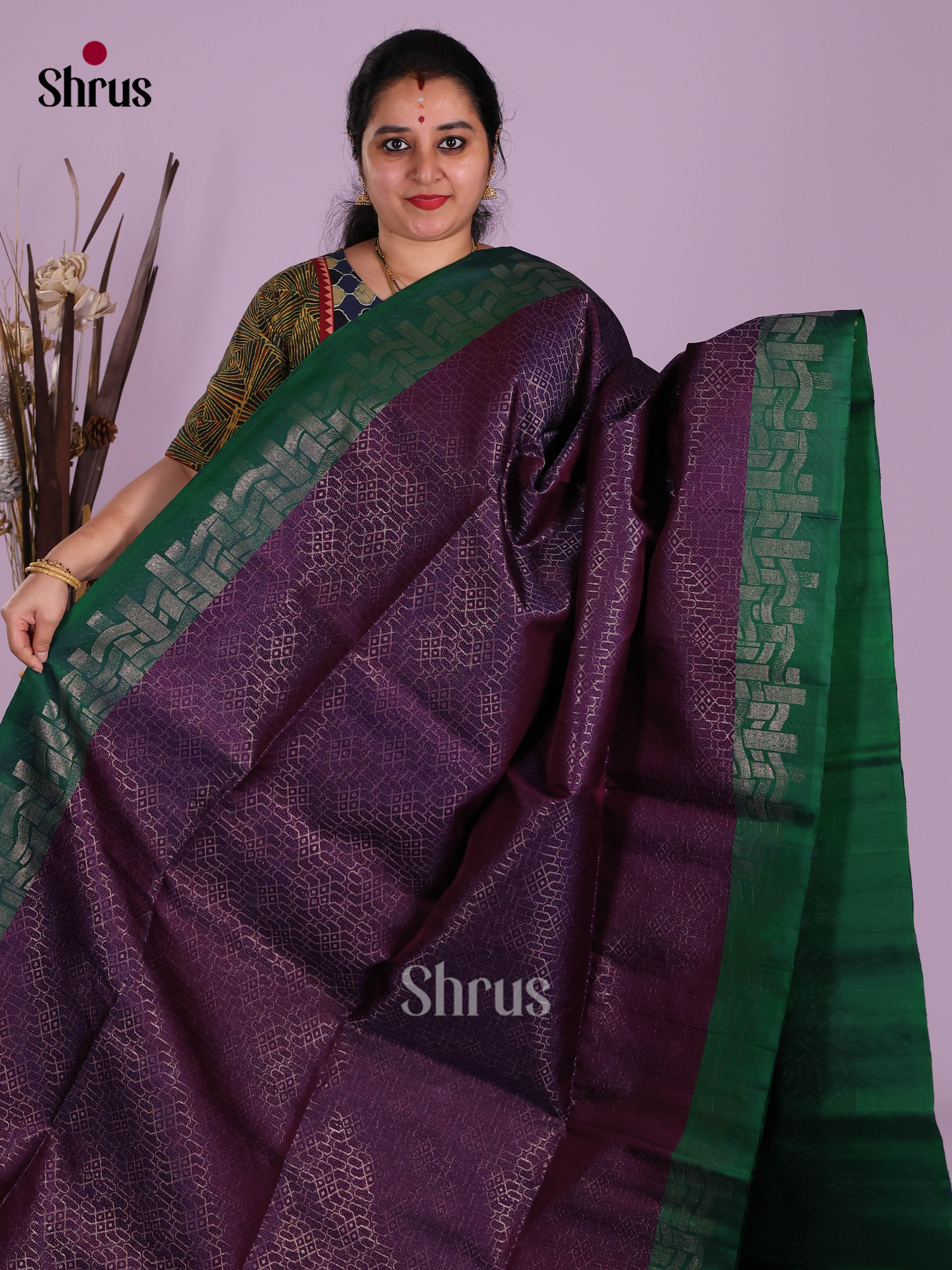 Buy Exquisite Violet Soft Silk Sarees with Silver Zari Brocade, Green Floral Border & Pallu