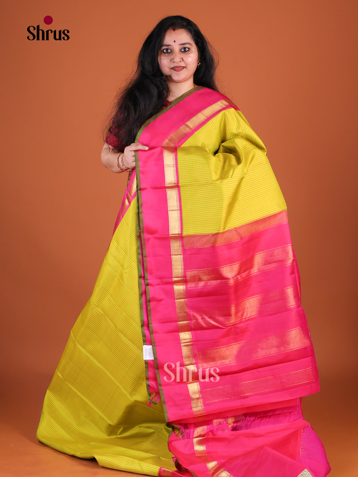Vivid Chartreuse Green Kanchipuram Saree With Micro Checks | Pink Border With Zari Bands & Green Selvedge