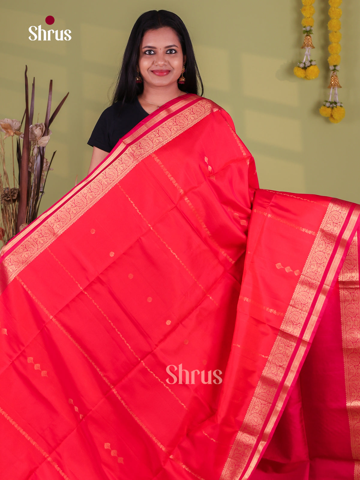 Vivid Coral Red Pure Soft Silk Sarees With Gold Stripes, Buttas, Rose Pink Zari Border & Brocade Pallu