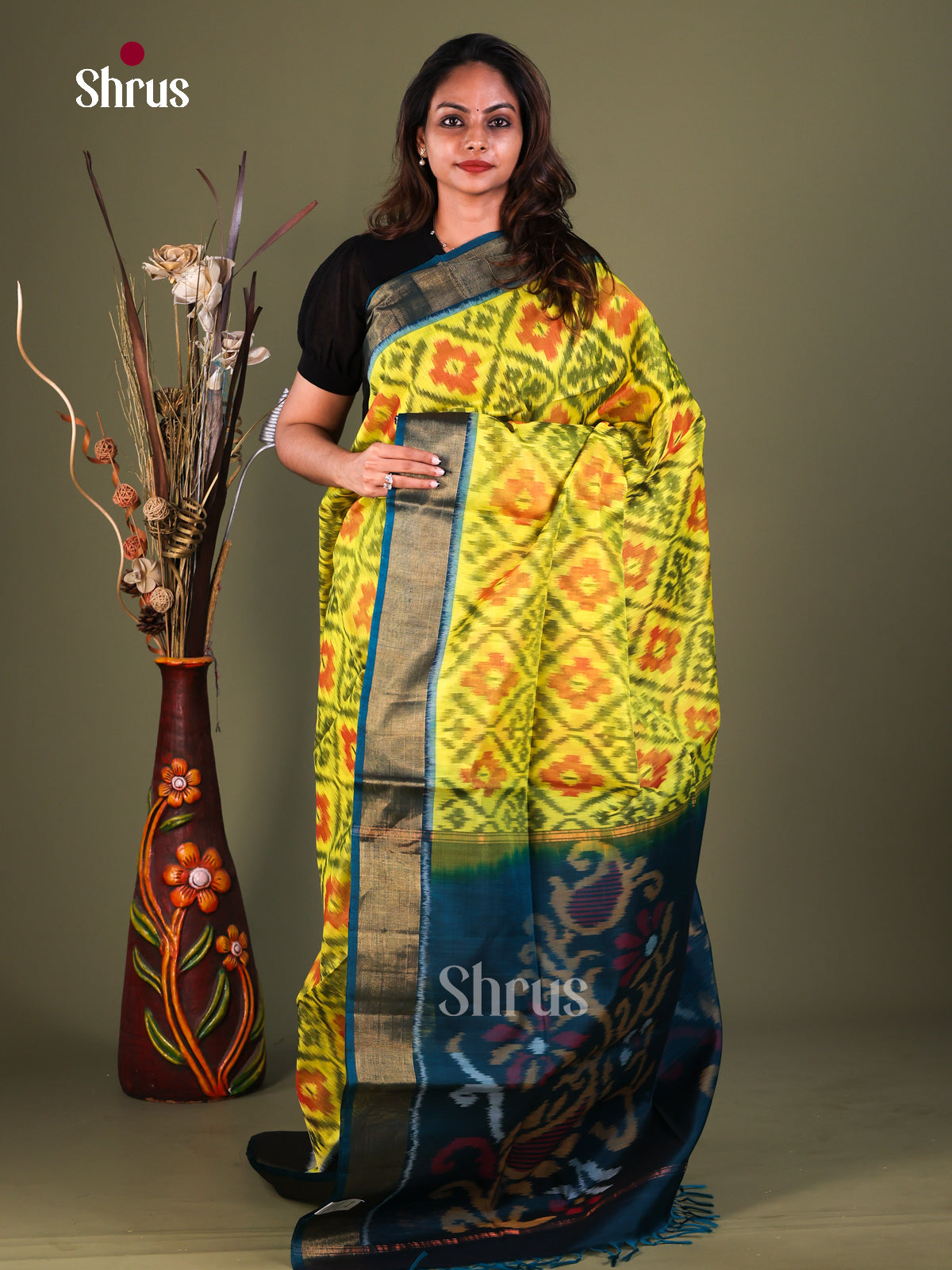 Vivid Lemon Yellow Pochampally Silk Cotton Saree With Floral Ikat Prints & Teal Zari Border