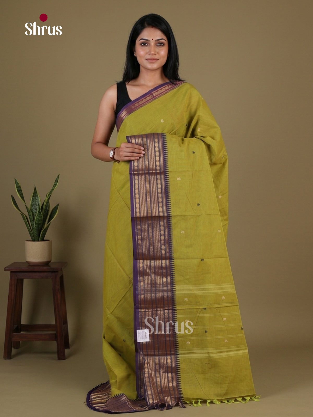 Vivid Lime Green Chettinad Cotton Saree With Thread Buttas & Purple Temple Zari Border