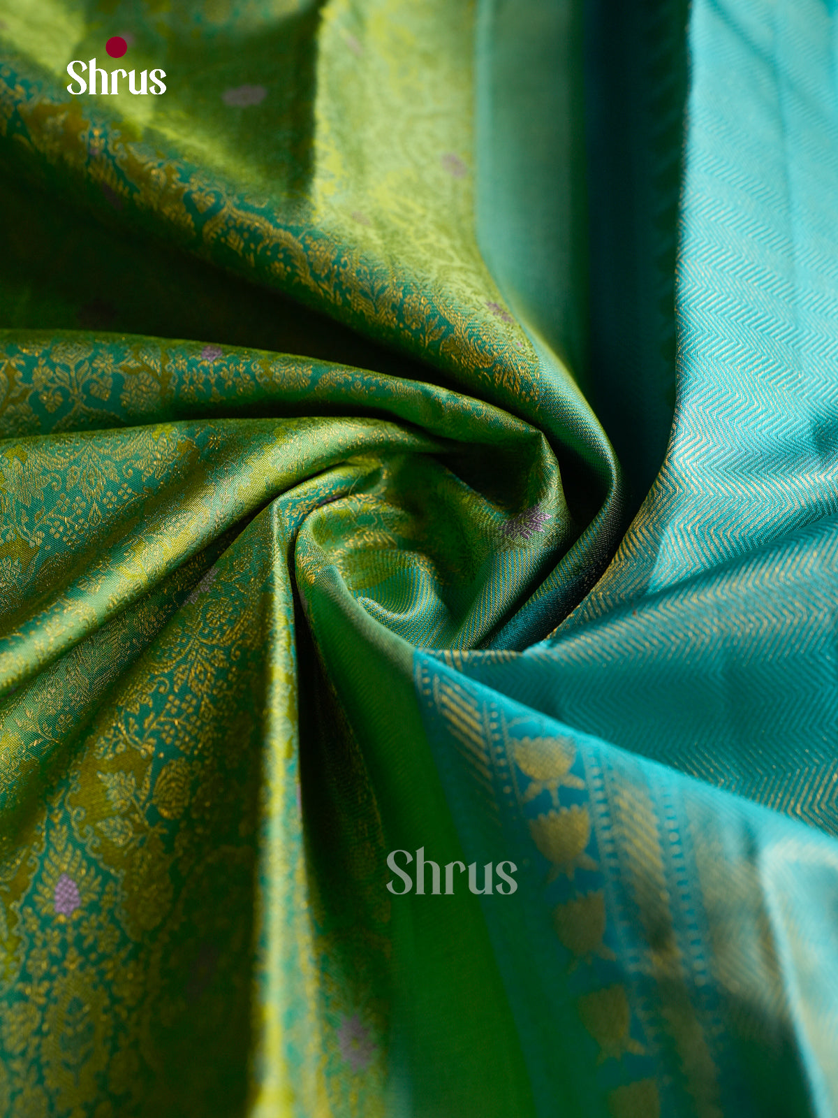 Vivid Lime Green Kanchipuram Saree With Floral Jaal Brocade & Aqua Blue Zari Border