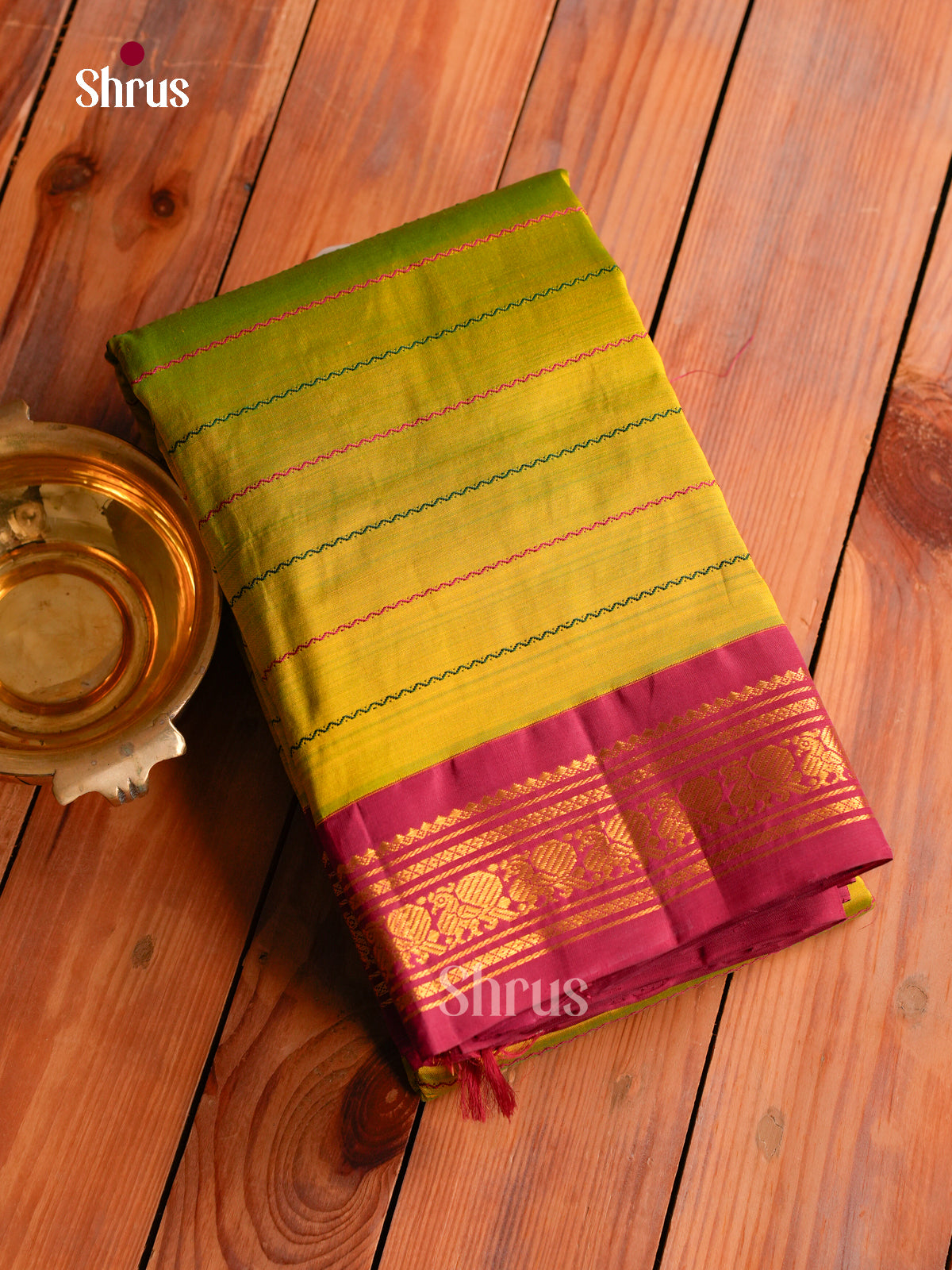 Vivid Lime Green Kanchipuram Silk Saree With Multi-Coloured Thread Wavy Stripes | Dark Pink Traditional Zari Border