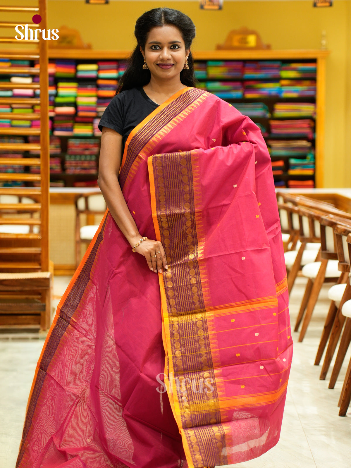 Vivid Magenta Chettinad Cotton Saree With Thread Buttas & Orange Zari Woven Temple Border