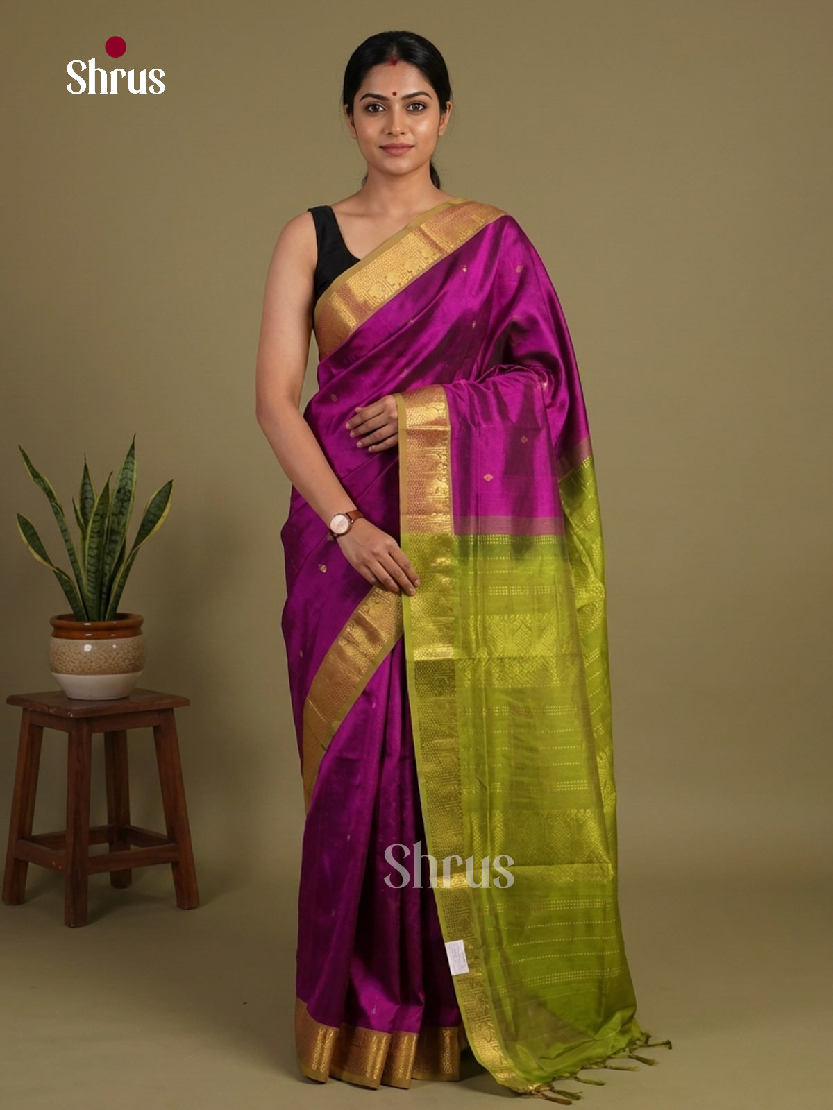 Vivid Magenta Pink Silk Cotton Saree with Gold Buttas & Lime Green Zari Border