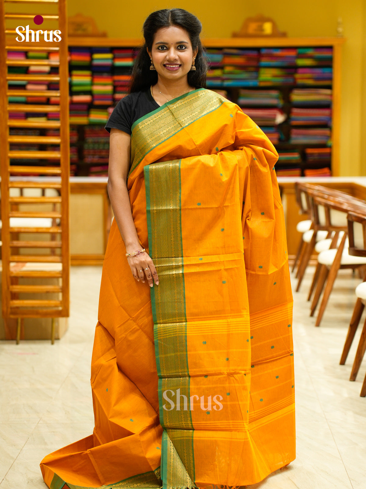 Vivid Mambazha Yellow Chettinad Cotton Saree With Thread Buttas & Green Zari Border